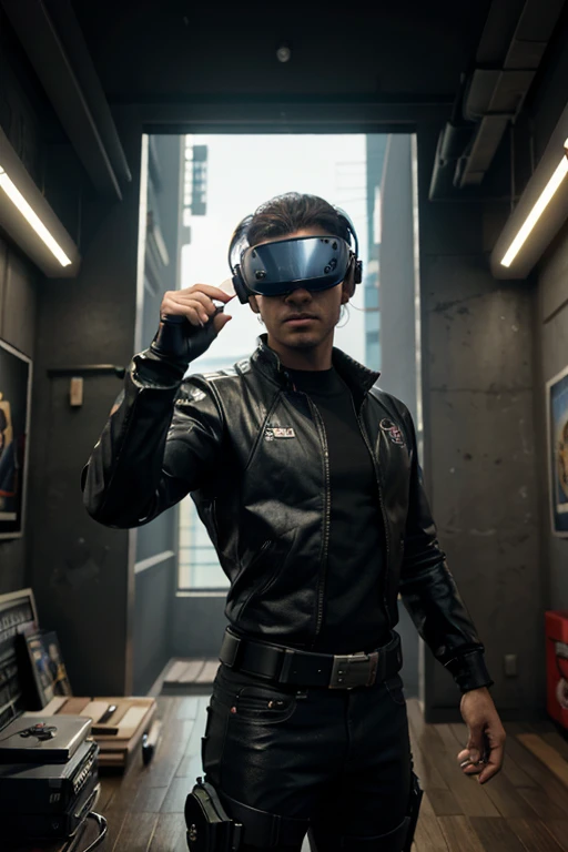 arafed image of a man wearing a realidade virtual headset, ready player sobree, arte principal, arte da caixa, vr game, 3D video game, 3D video game, capa de videogame, jogo pronto, pc boxart, game arte principal, por Randy Post, cartaz do jogo, sobre, (ciberpunk 2077), realidade virtual, Sci-fi movie