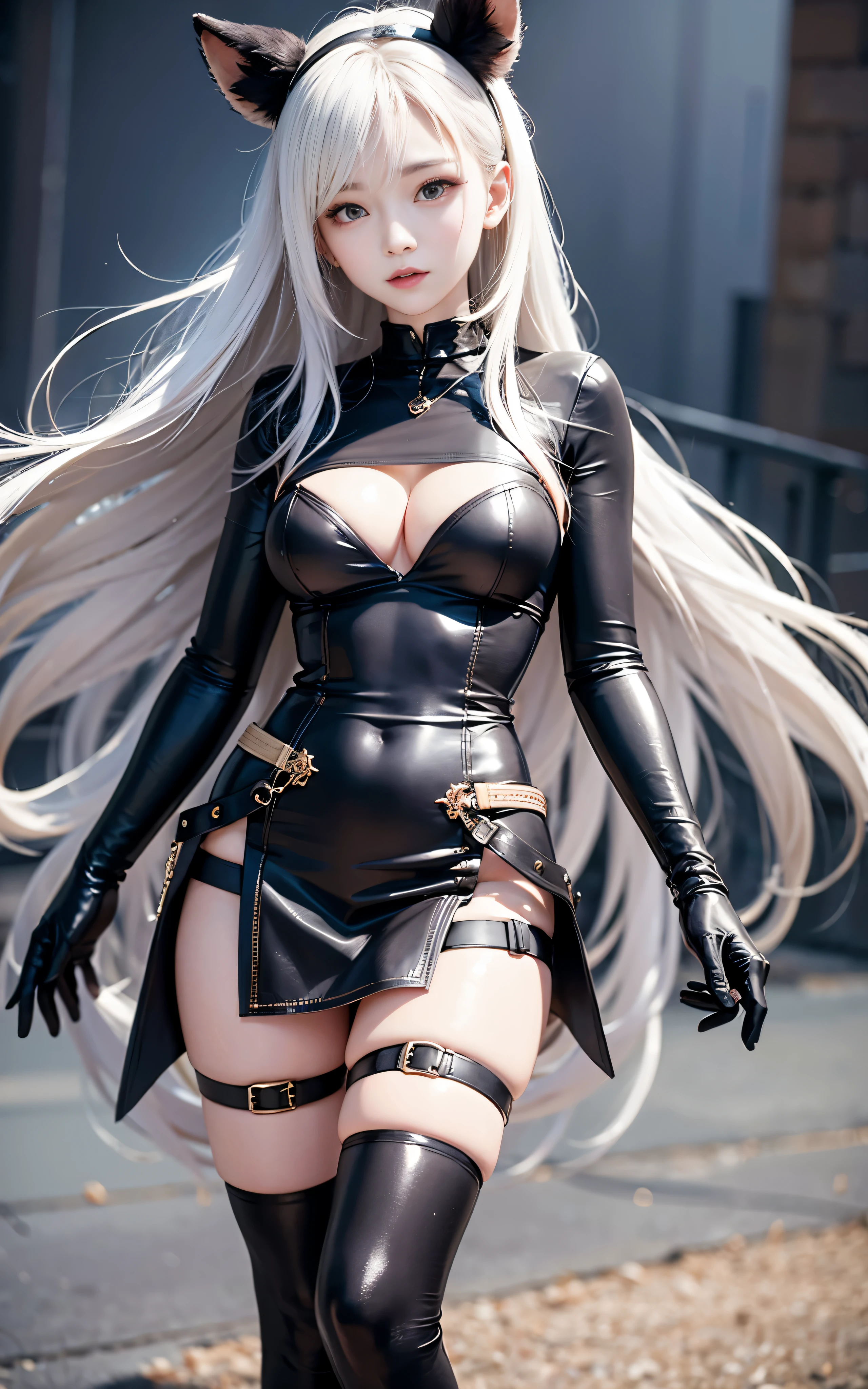 ((masterpiece, best_quality)), (photorealistic:1.4),  solo, 1 girl, white_background, white_hair, long_hair,   zettai_ryouiki,(black big ribbon accessories at the back of head), (sleeves rolled), toggle button pin buckle, mini pleated skirt with a slit in the front), outline nipple can be seen through the clothes, areola bulge, heels boots, belly, crotch gap, cameltoe ,shiny skin, sweaty skin, nose blush, belt underboob, under boobs, long legs, small thigh, laced, yellow stipes suit