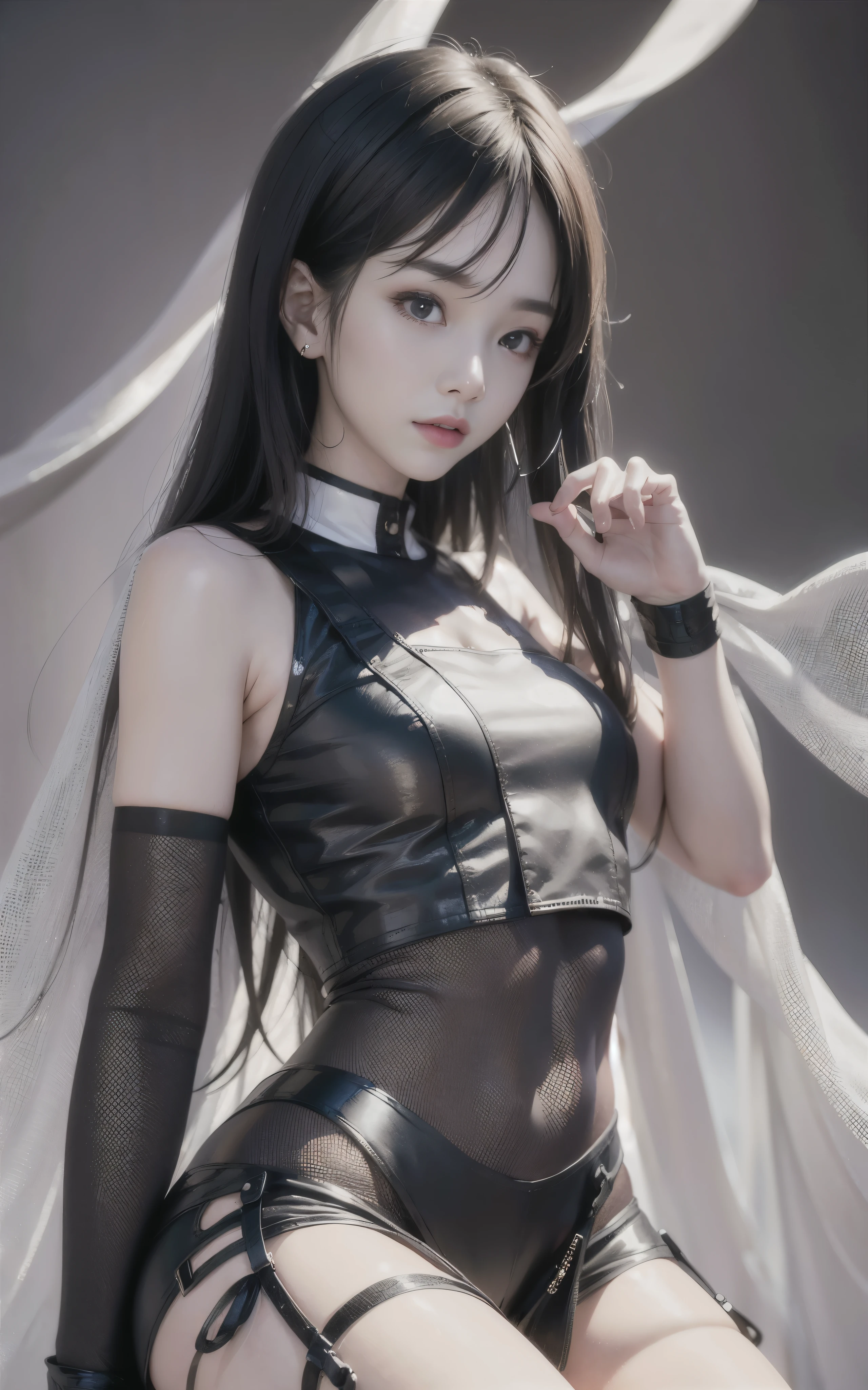 highest quality,masterpiece,High resolution,(beautiful face),looking at the viewer,Are standing,((Half body)),((white vest)),((black leather skirt)),gloved hands,right arm hanging down