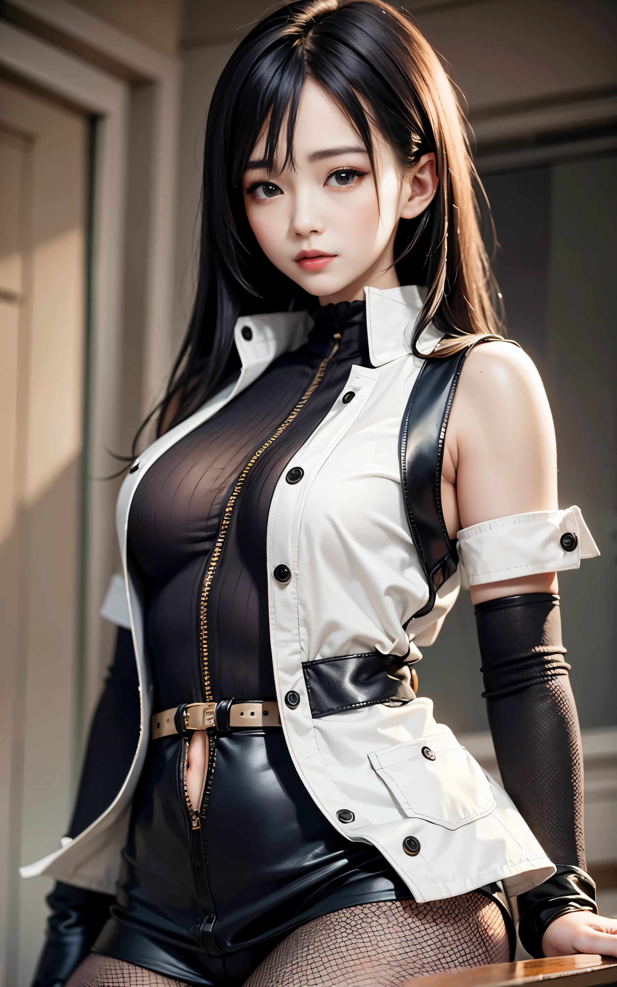 highest quality,masterpiece,High resolution,(beautiful face),looking at the viewer,Are standing,((Half body)),((white vest)),((black leather skirt)),gloved hands,right arm hanging down