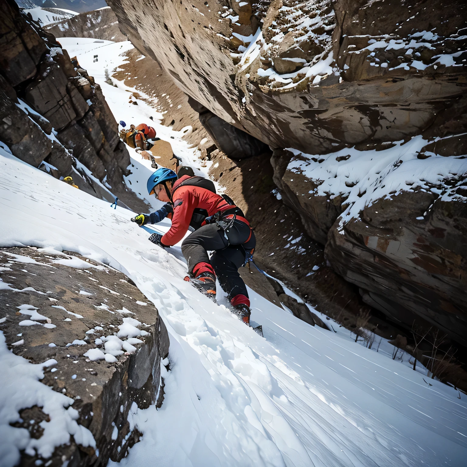 I want a video of a man who climbs the mountain and bumps into other people who are climbing.