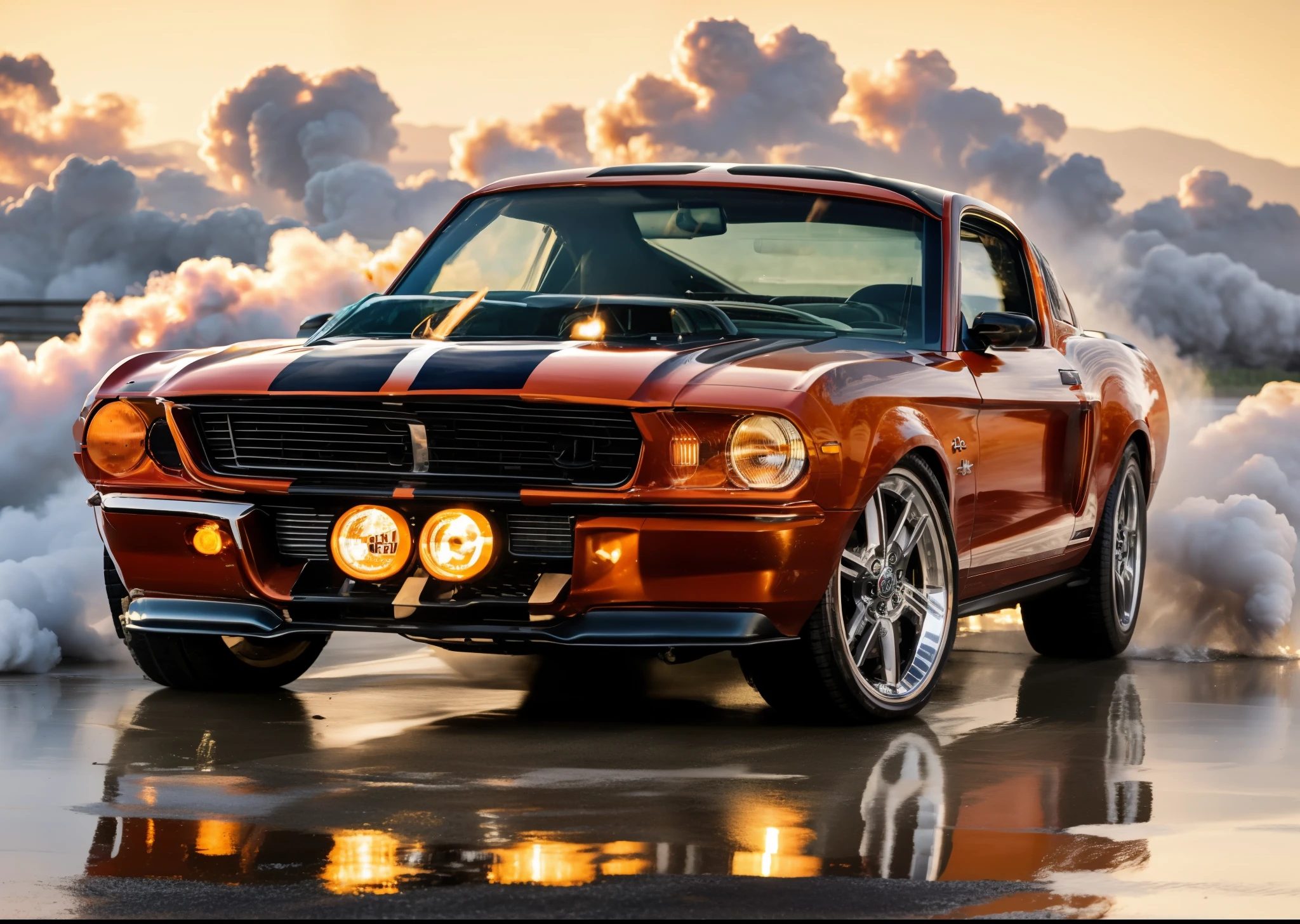 A classic Ford Mustang GT, in deep carrot orange, burns rubber on an open highway, leaving behind a plume of white smoke as it drifts, capturing the power and legacy of American muscle