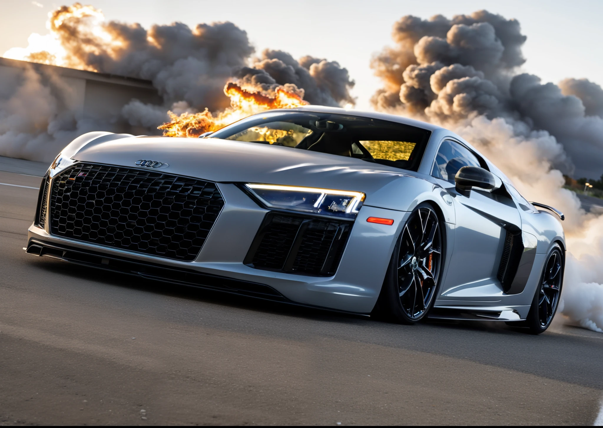 A audi r8, in deep carrot orange, burns rubber on an open highway, leaving behind a plume of white smoke as it drifts, capturing the power and legacy of Alemany supercar