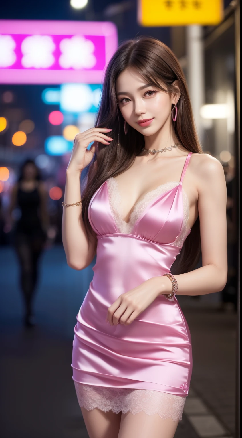 8K, table top, immature, highest quality, realistic, Highly detailed CG Unity 8K wallpaper, Depth of written boundary, cinematic light, Lens flare, ray tracing, (very beautiful face, beautiful lips, beautiful eyes), face with intricate details, ((highly detailed skin)) 1 girl, in the dark, deep shadow, cute korean girl, K-POPアイドル, 1 girl, (very slim and slender fit muscular body:1.3), ((looking at the viewer)),(big smile:1.3), (fashion city night, dark night, (neon sign), (blurred background), fashion street night),(no people in the background:1.3), beautiful earrings, bracelet, necklace, pantyhose, clear eyes, walk, (pale skin), (big eye ace forward, (brown hair body shot), ((silk hot pink color dress:1.3)), ((tight fit dress)), ((lace dress)), (looking at the viewer:1.3) open chest, very slim, big breasts,cleavage, buckshot, i concentrate, front of eyebrows,(tight dress), thick thighs