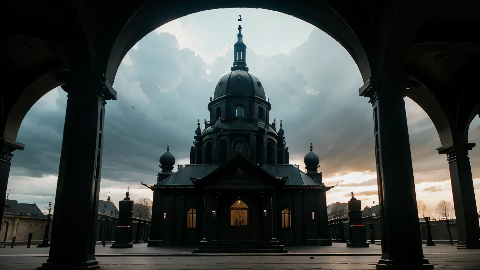 An oval shaped temple of medium size, geformt aus schwarzem Obsidian inmitten einer mittelalterlichen Stadt innerhalb eines Armenviertels. The medium-sized temple is the focus of the picture and seems like it is from another world. Dark and gloomy, there is an oppressive atmosphere. The temple building itself is richly decorated with strange patterns and frescoes. Manche sehen aus wie schwarze Tentakeln, that wind around the oval building. Der Himmel ist Wolkenverhangen. People walk through the rainy streets and alleys around. Maximale Details. Fotorealistisch. Cineastisch. Korrekte Anatomie. Korrekte Architektur. Real lighting conditions.