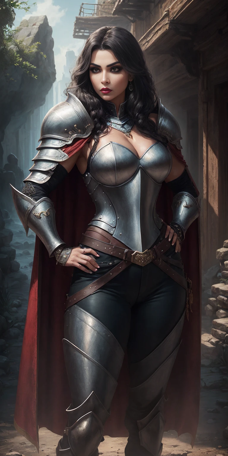 (real photography), (8k), (masterpiece: 1.2), (best quality: 1.2), perfect eyes, perfect face, volumetric light, 1girl, tall and mature Persian female warrior, muscular, long hair, bouffant Puff cut, black heavy armor, huge shoulder armor, gauntlets, cape, belt, machete, leather pants, stern expression, makeup, lipstick, eye shadow, mascara, thick eyelashes, dark fantasy, outdoors, detailed background, hands on hips