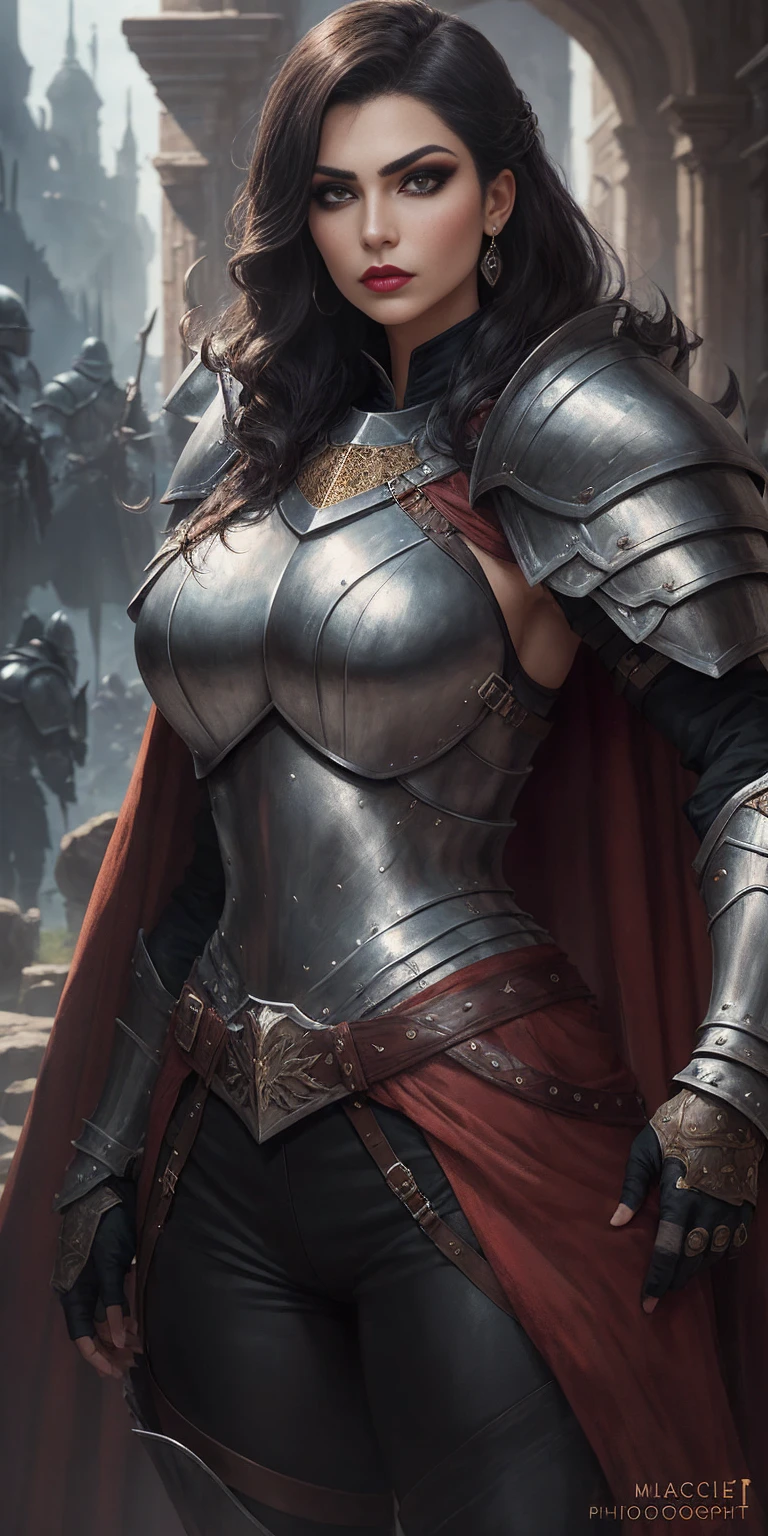 (real photography), (8k), (masterpiece: 1.2), (best quality: 1.2), perfect eyes, perfect face, volumetric light, 1girl, tall and mature Persian female warrior, muscular, long hair, bouffant Puff cut, black heavy armor, huge shoulder armor, gauntlets, cape, belt, machete, leather pants, stern expression, makeup, lipstick, eye shadow, mascara, thick eyelashes, dark fantasy, outdoors, detailed background, hands on hips