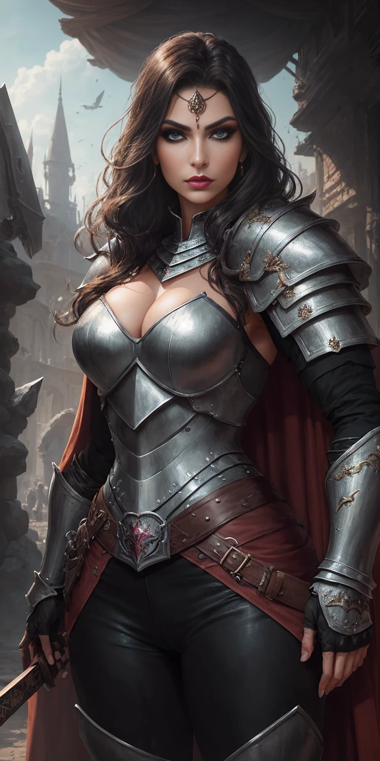 (real photography), (8k), (masterpiece: 1.2), (best quality: 1.2), perfect eyes, perfect face, volumetric light, 1girl, tall and mature Persian female warrior, muscular, long hair, bouffant Puff cut, black heavy armor, huge shoulder armor, gauntlets, cape, belt, machete, leather pants, stern expression, makeup, lipstick, eye shadow, mascara, thick eyelashes, dark fantasy, outdoors, detailed background, hands on hips