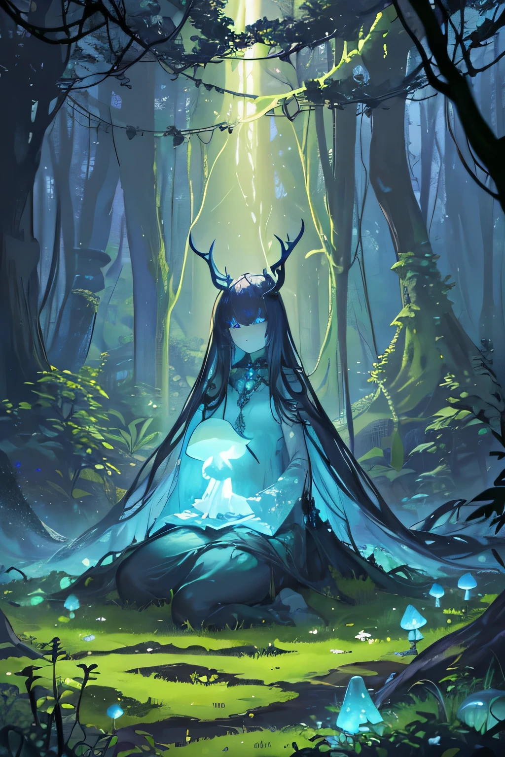 (Mystical forest:1.4), ((Enchanted grove with towering ancient trees)and(Glowing mushrooms carpet the forest floor) and (Trickling streams weave through the foliage)), ethereal, mesmerizing and captivating, moonlit night background, softly illuminated fireflies dancing in the air, (dense foliage with hanging vines:1.3)
Fantasy, magic /= (Mysterious creature lurking in the shadows:1.5), (solitary), (Wide angle lens), (front), glowing eyes, (partial body), (claws extended), (shrouded in darkness), the creature facing camera, Eerie Aura