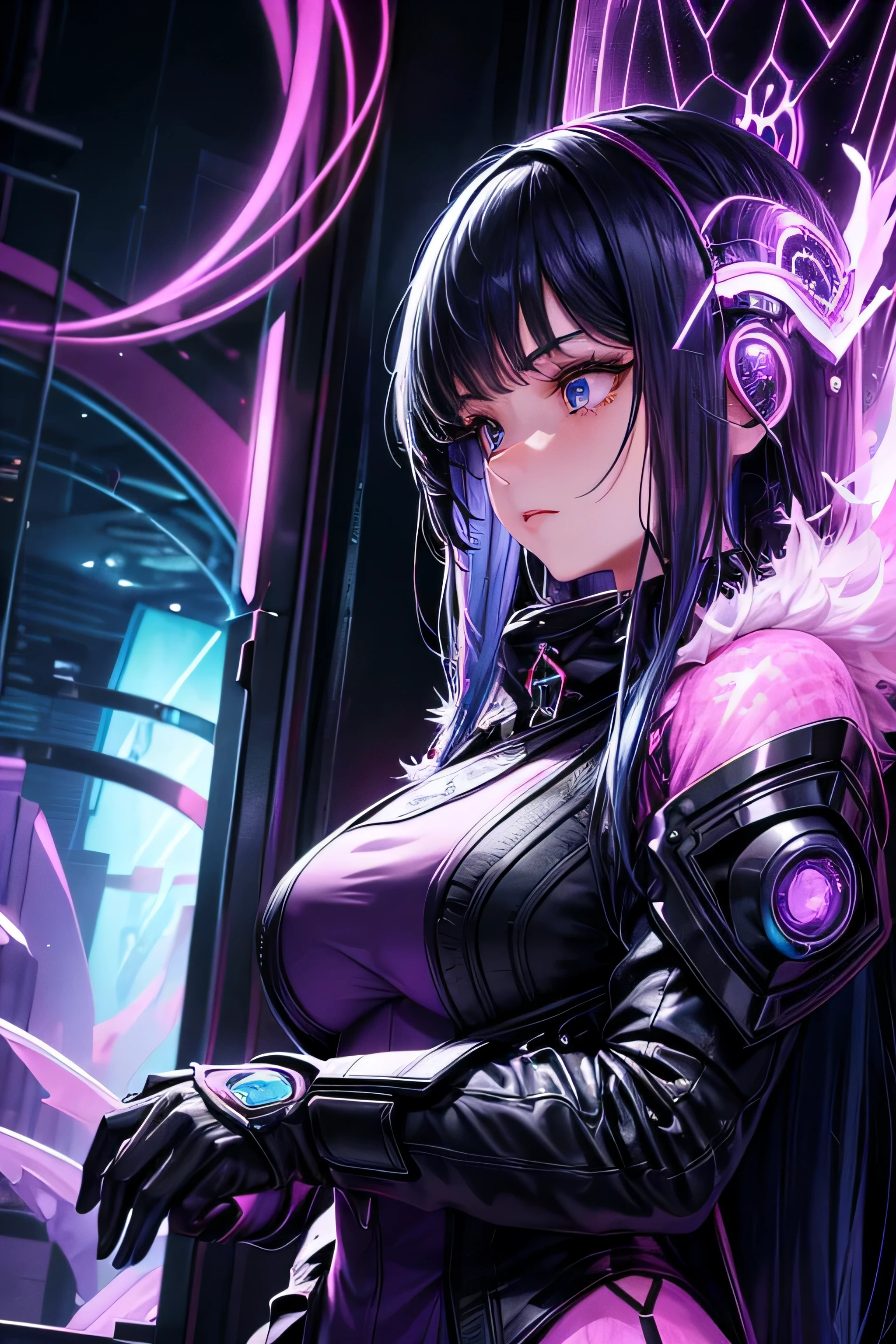 mesmerizing and visually stunning artwork, created by a renowned artist, showcasing intricate details and vibrant colors, official art, quality, High resolution rendering in 4K, flash, diffusion, 1 girl, adult hungarian woman, freckles, turquoise eyes, black fringe hair, ombre, solo, from side, side view, upper body, looking away, detailed background, detailed face, (glass, plasma filaments, purple hues, scifi, plasmatech theme:1.1), spy, concealed, subterfuge, espionage, surveillance, heist, gadgets, dark blue spy clothes, hood, secret facility in background, night cinematic atmosphere,