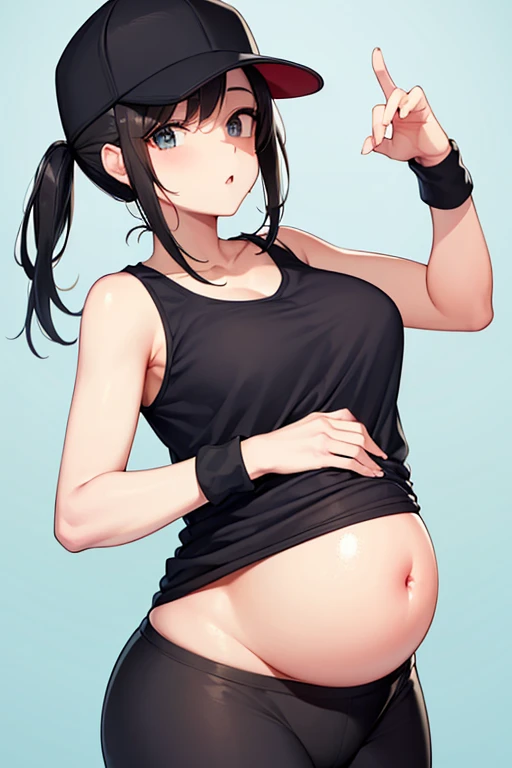 1 hot girl, dark hair, dark grey eyes, grin, gorgeous, kirigaya suguha, short hair, hairclip, black sport bra, young girl, black bike shorts, large breasts, pregnant