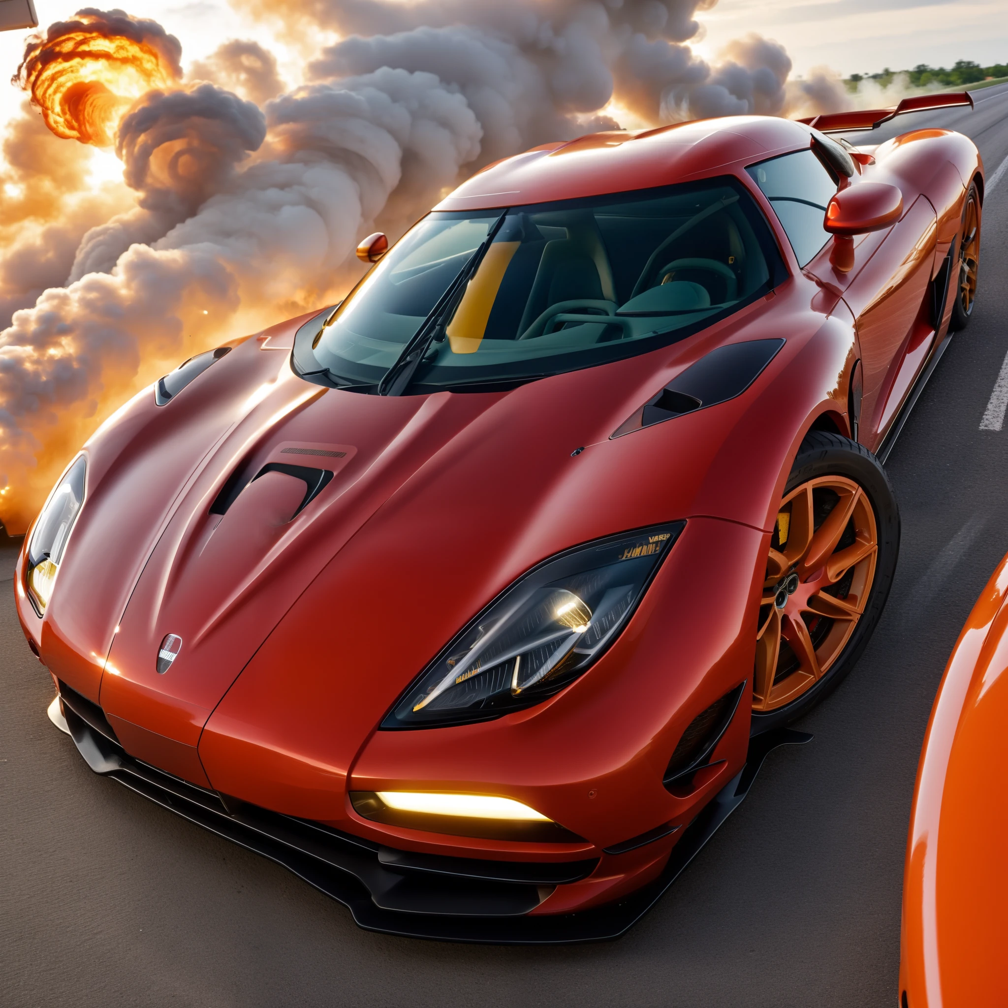 A koenigsegg agera, color red, in deep carrot orange, burns rubber on an open highway, leaving behind a plume of white smoke as it drifts, capturing the power and legacy of sweden hypercar