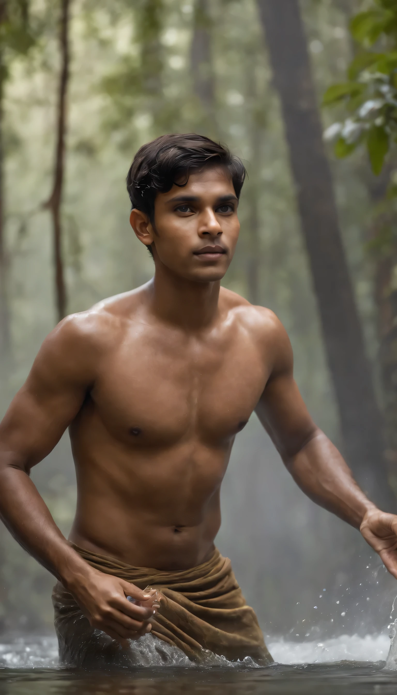 Undine, water spirit handaome Indian boy liquid clothes, rainforest, on background forest wildfires, RAW photo, fov, lens flare, god rays, overglaze, volumetric fog, cinematic light, depth of field, epic, realism, wallpaper, detailed, small details, intrincate, 8k hdr, golden ratio, asymmetry, masterpiece, best quality