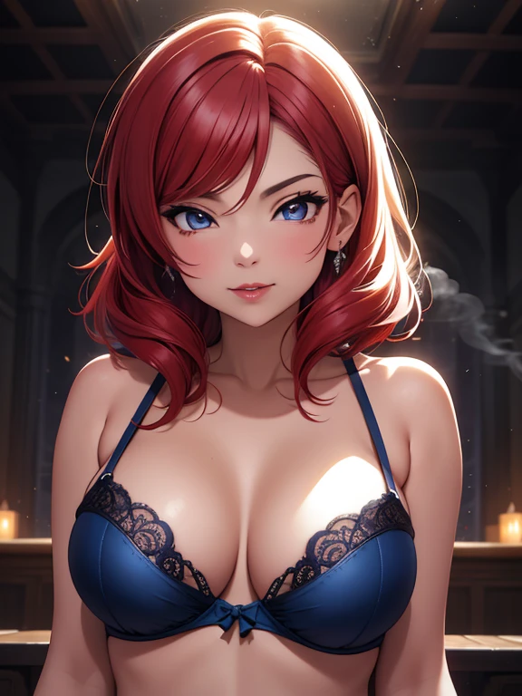 (obra maestra, Mejor calidad, alta calidad), volumetric lighting, illustration, Hermoso, Ajustado , rubor, blue bra, seductor, perfect lighting, sombras perfectas, maki nishikino, ojos morados,cabello rojo, piel mojada y humeda,pechos grandes, pezones afuera , strong breathing, Cocer al vapor