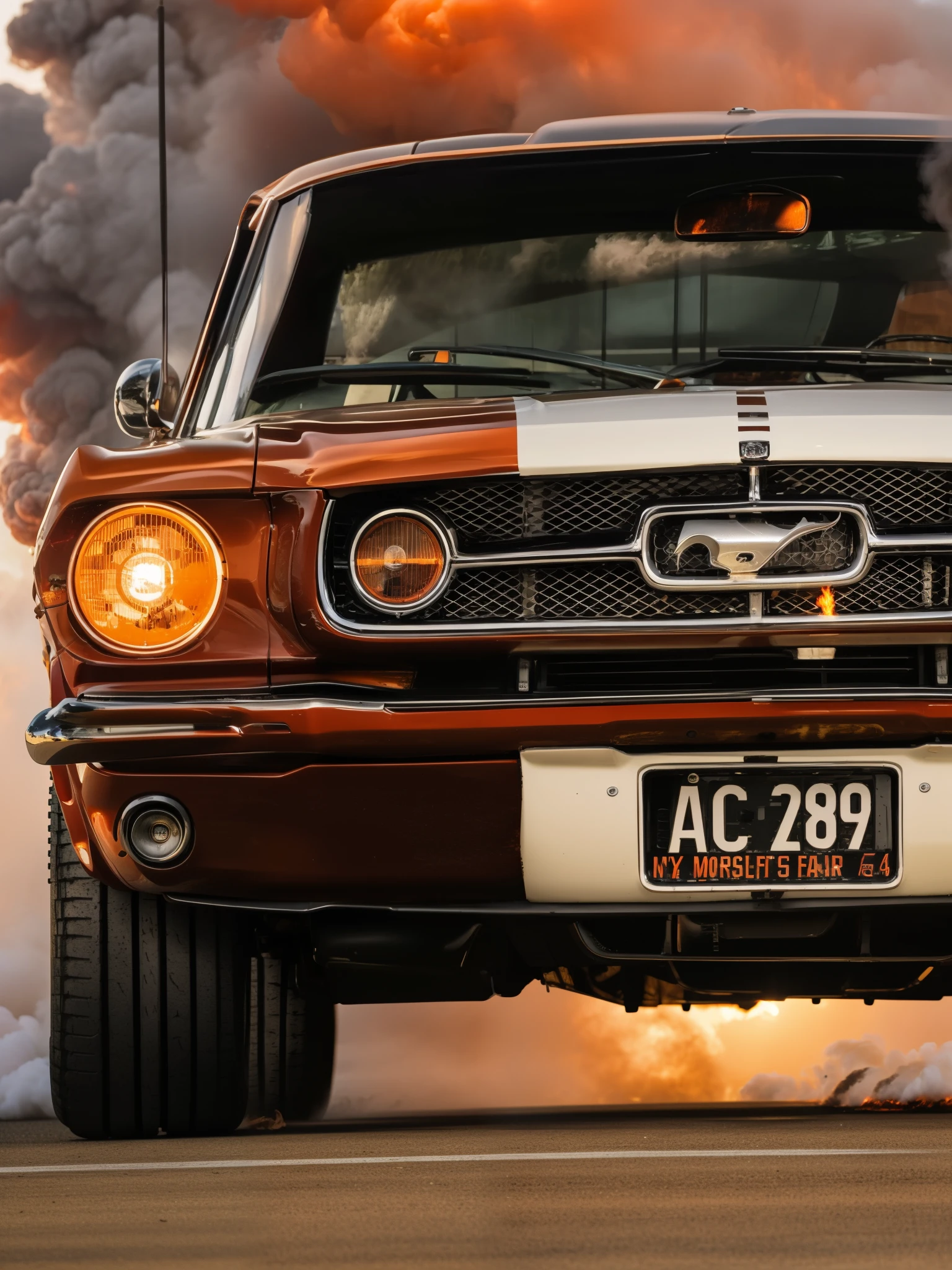 A classic Ford Mustang GT, in deep carrot orange, burns rubber on an open highway, leaving behind a plume of white smoke as it drifts, capturing the power and legacy of American muscle