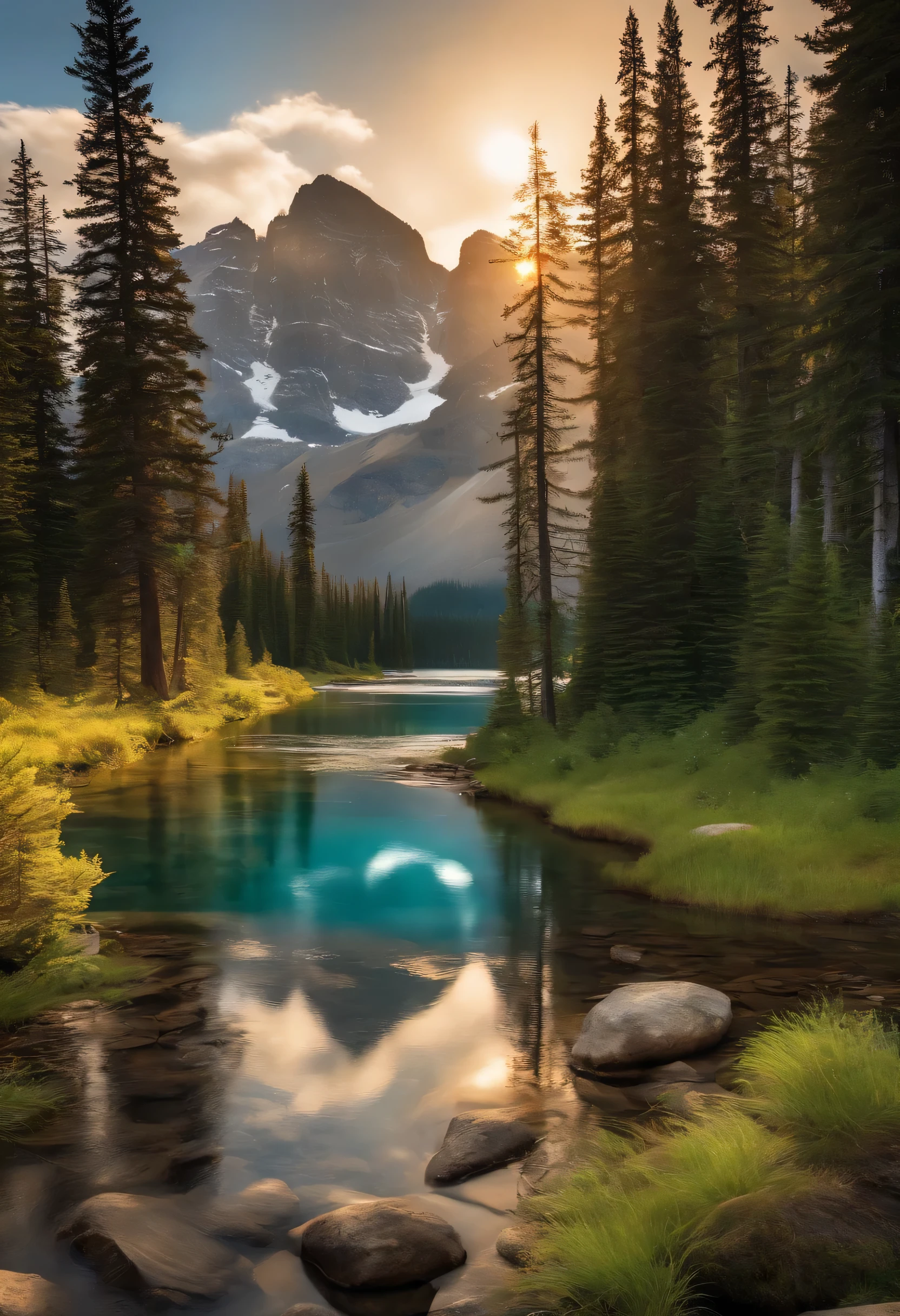 transport us to the awe-inspiring beauty of the Canadian Rockies in the soft morning light. Craft a digital masterpiece that captures the rugged majesty of jagged peaks, pristine alpine lakes, and winding rivers. Infuse your creation with the vibrant colors of evergreen forests and wildflowers, paying close attention to texture and detail. Consider adding elements of storytelling—a lone hiker on a rugged trail, or majestic elk grazing in a sun-drenched meadow—to draw viewers into the scene. Your task is to evoke a sense of wonder, adventure, and tranquility as you bring this iconic landscape to life on the digital canvas."