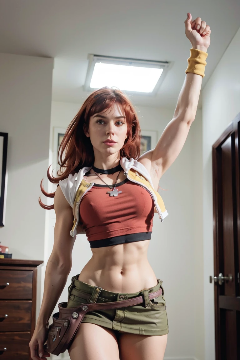 Portrait of redhaired girl as a superheroine, straight redhaired, bangs, skirt,  super powerful, pink eyes, midriff, riding boots, white socks, toned arms, toned abs, tall and sexy, powerful, superb face, perfect body, tall, happy, smug, large chest, choker collar, 20yo, toned abs