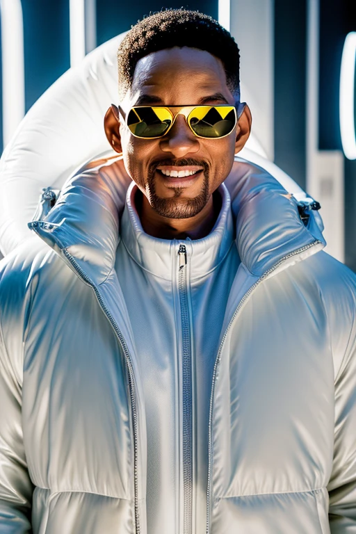 well lit moda shoot of Neymar smiling, oculos de sol, wearing an oversized white inflatable jacket designed by Yeezy and Balenciaga, sharp focus, claro, intrincado, cinematic, glamourous, symmetrical, soft lighting, indirect lighting, Voga, editorial, moda, corpo todo
