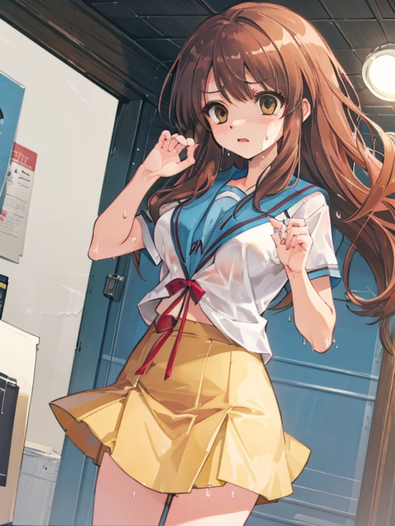 Best Quality mikuru School High Sweat Sheer White Shirt Beige Bra Sexy Skirt Flipping Angry Sweat Wet Disheveled Clothing Ripping Clothing