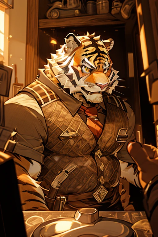 there is a cartoon tiger with a bow tie and a shirt, pov furry art, furry chest, fluffy chest, furry art!!!, thick furry neck and chest fluff, furry body, furry art, furry brown body, very very beautiful furry art, furry character, furry anime, commission for high res, fursona furry art commission, furry fursona, nj5furry, oscarfn