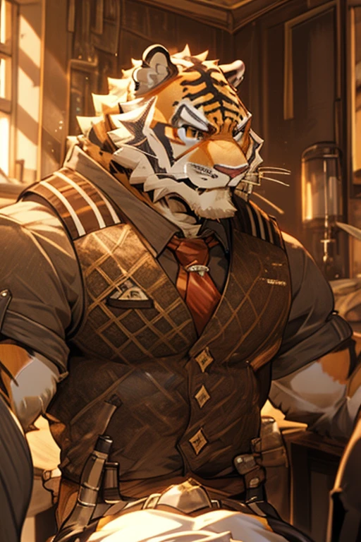 there is a cartoon tiger with a bow tie and a shirt, pov furry art, furry chest, fluffy chest, furry art!!!, thick furry neck and chest fluff, furry body, furry art, furry brown body, very very beautiful furry art, furry character, furry anime, commission for high res, fursona furry art commission, furry fursona, nj5furry, oscarfn