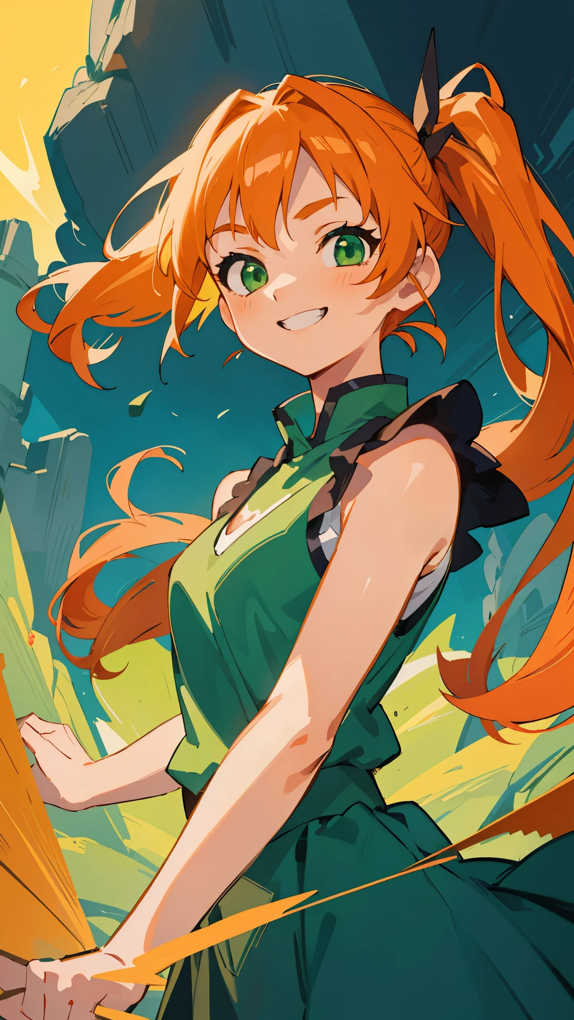 masterpiece、highest quality、1 girl、anime painting、orange hair、beautiful green eyes、side ponytail、sleeveless shirt、black skirt、upper body close-up、From the side、grin、cinematic lighting、cave、sharp outline