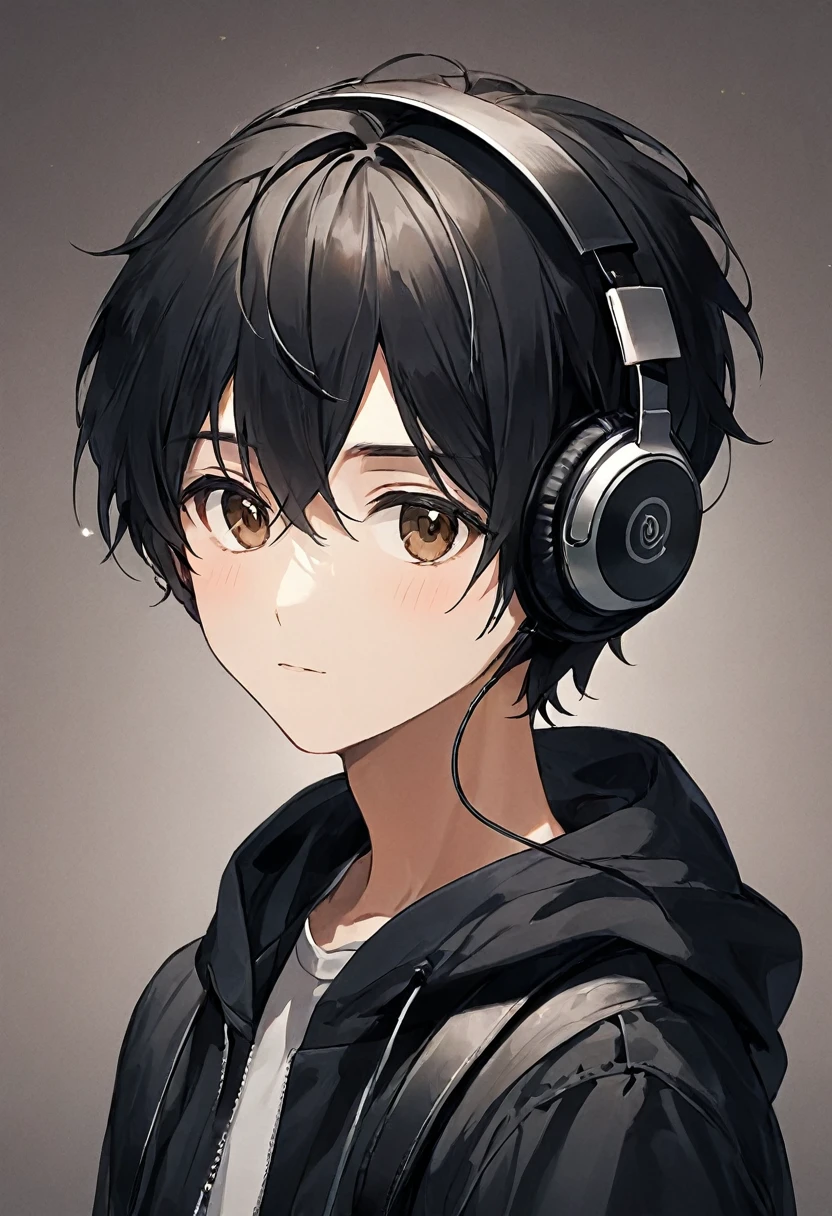 Boy with music headphones who has black hair and brown eyes 