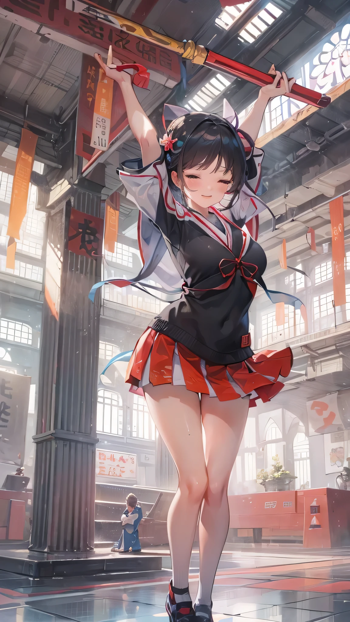 perfect anatomy, masterpiece1.3, best quality, 8k, beautiful detailed grow, (Cheerleader style) (Dancing and kicking), low-angle solo:1.3 ((blunt bangs)) black hair long hair cute girl, 15 yo, sexy closed eyes, happy smile, sweaty skin), break, (in a Shrine maiden costume), in the school ground.