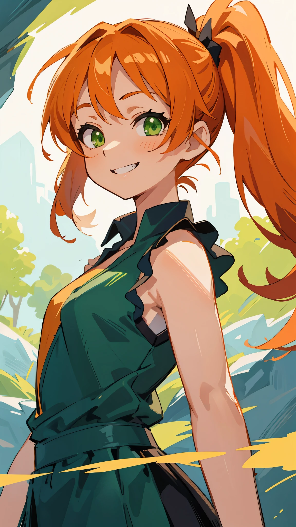 masterpiece、highest quality、1 girl、anime painting、orange hair、beautiful green eyes、side ponytail、sleeveless shirt、black skirt、upper body close-up、From the side、grin、cinematic lighting、cave、sharp outline