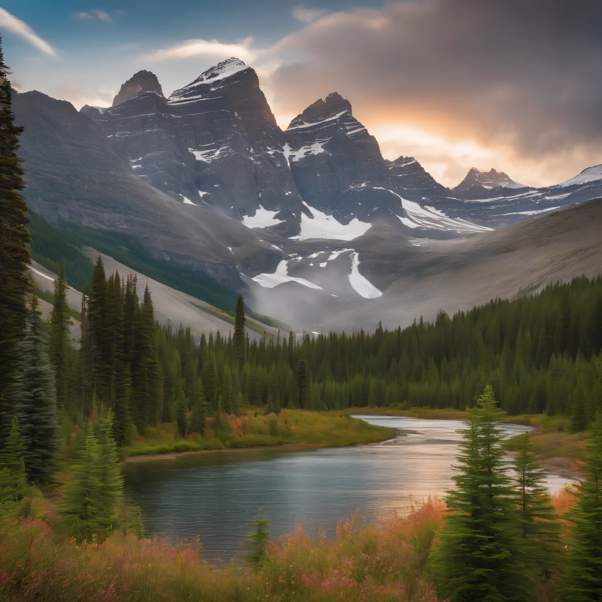  transport us to the awe-inspiring beauty of the Canadian Rockies in the soft morning light. Craft a digital masterpiece that captures the rugged majesty of jagged peaks, pristine alpine lakes, and winding rivers. Infuse your creation with the vibrant colors of evergreen forests and wildflowers, paying close attention to texture and detail. Consider adding elements of storytelling—a lone hiker on a rugged trail, or majestic elk grazing in a sun-drenched meadow—to draw viewers into the scene. Your task is to evoke a sense of wonder, adventure, and tranquility as you bring this iconic landscape to life on the digital canvas, 8k