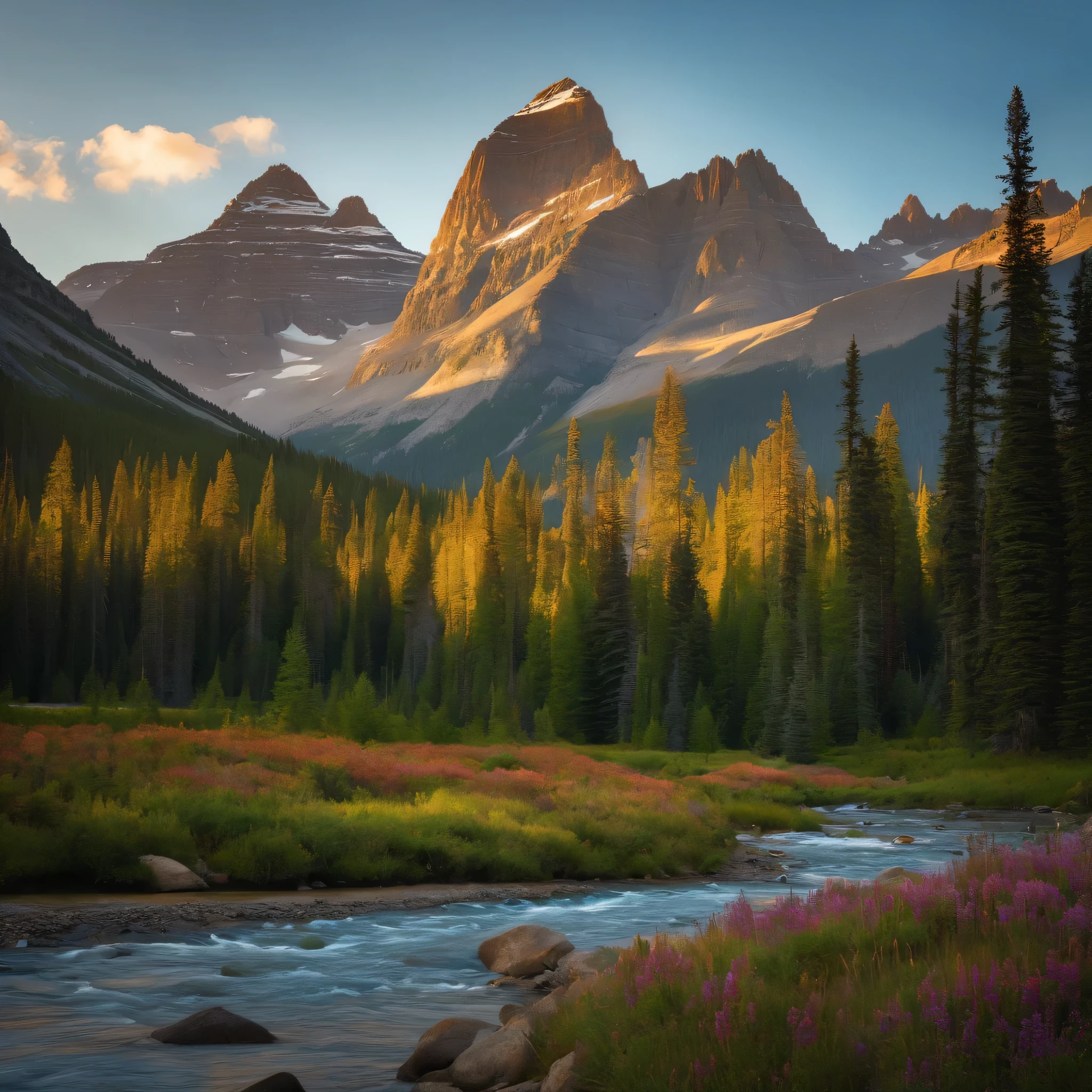 transport us to the awe-inspiring beauty of the Canadian Rockies in the soft morning light. Craft a digital masterpiece that captures the rugged majesty of jagged peaks, pristine alpine lakes, and winding rivers. Infuse your creation with the vibrant colors of evergreen forests and wildflowers, paying close attention to texture and detail. Consider adding elements of storytelling—a lone hiker on a rugged trail, or majestic elk grazing in a sun-drenched meadow—to draw viewers into the scene. Your task is to evoke a sense of wonder, adventure, and tranquility as you bring this iconic landscape to life on the digital canvas, 8k