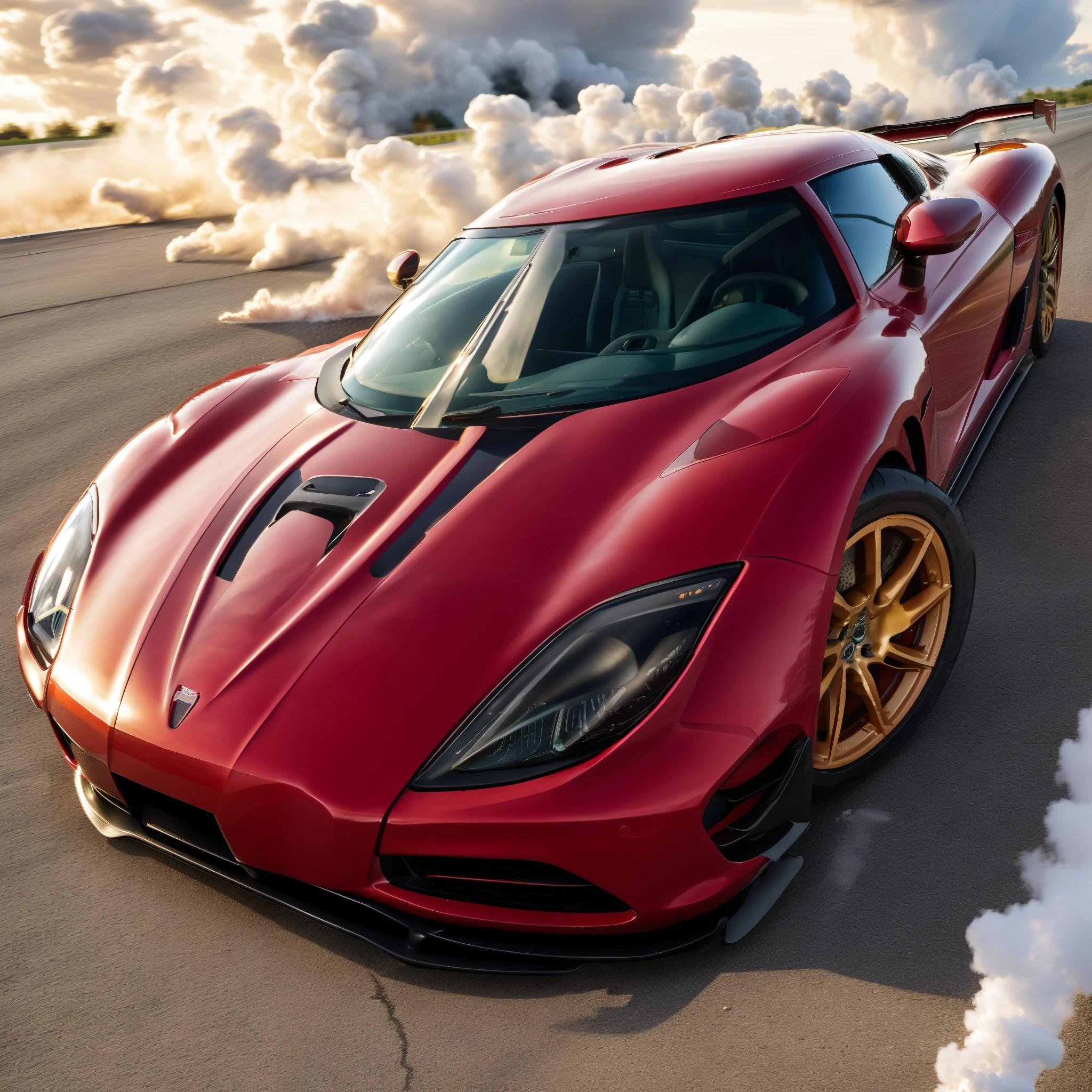 A koenigsegg agera, in deep scarlet red, burns rubber on an open highway, leaving behind a plume of white smoke as it drifts, capturing the power and legacy of sweden hypercar