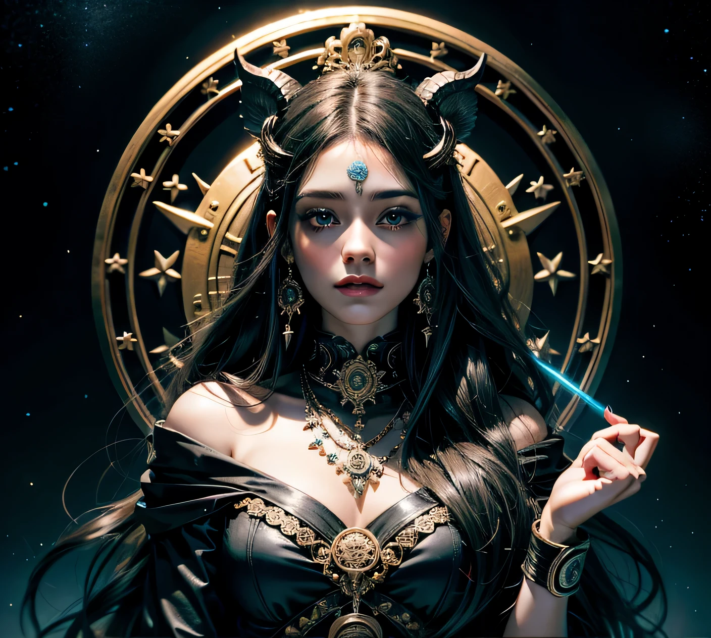 pegatina, fondo sencillo, retrato, 1 chica, chica con pelo largo, beautiful girl hecate, Hecate Aesthetics, hermosa chica, very beautiful fantasy art, beautiful and elegant female Hecate, beautiful detailed fantasy, paleta de colores negro y azul, tema de color negro. Agregar simbolos que represente al signo Tauro. Tauro. Signo zodiacal. Estrellas