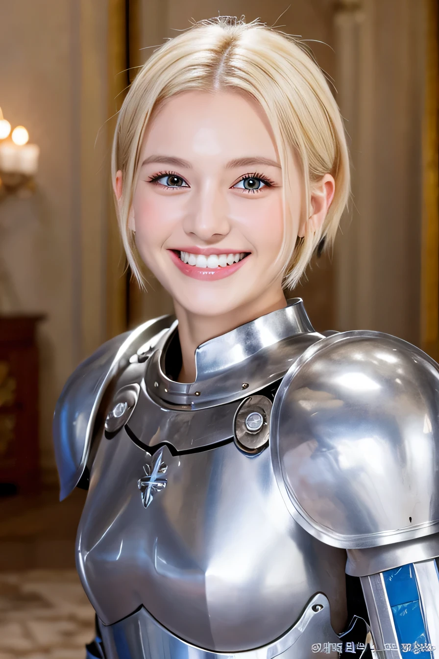 high quality、8k、female knight、The background is a room in a castle.、Luxurious Silver Armor、smile、beautiful teeth、full body photo、hairstyle short cut、ear piercing、white woman、blonde hair、blue eyes、Gummy Smile、、heavy makeup、