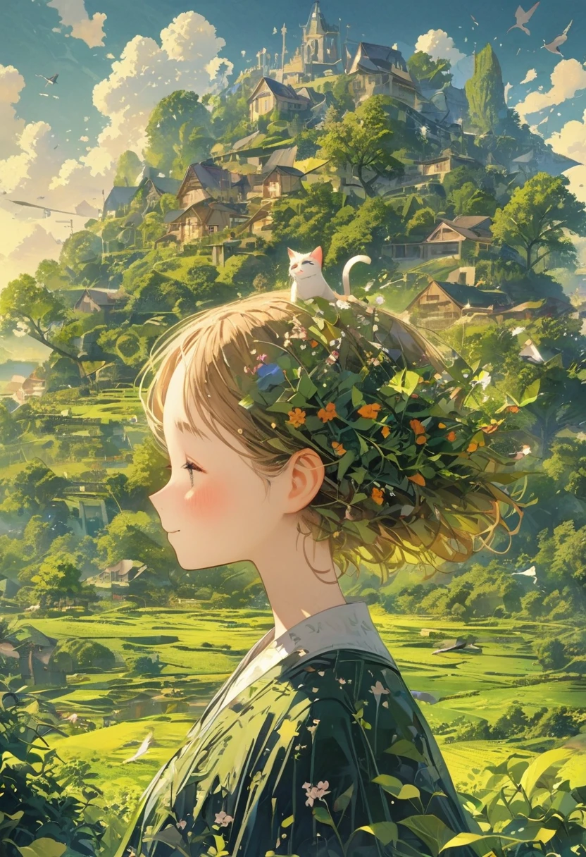 Leaf hair girl、Beautiful castles of medieval Europe、Fresh greenery、lake、profile、Upper Body、Masterpiece、Highest quality、Blonde