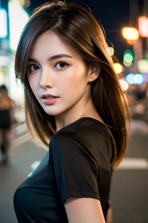 (Best quality, High resolution, Masterpiece :1.3), A pretty woman, Slender figure, Dark brown hair, T-shirt, (Street in city at night), Highly detailed face and skin texture, Detailed eyes, Double eyelid