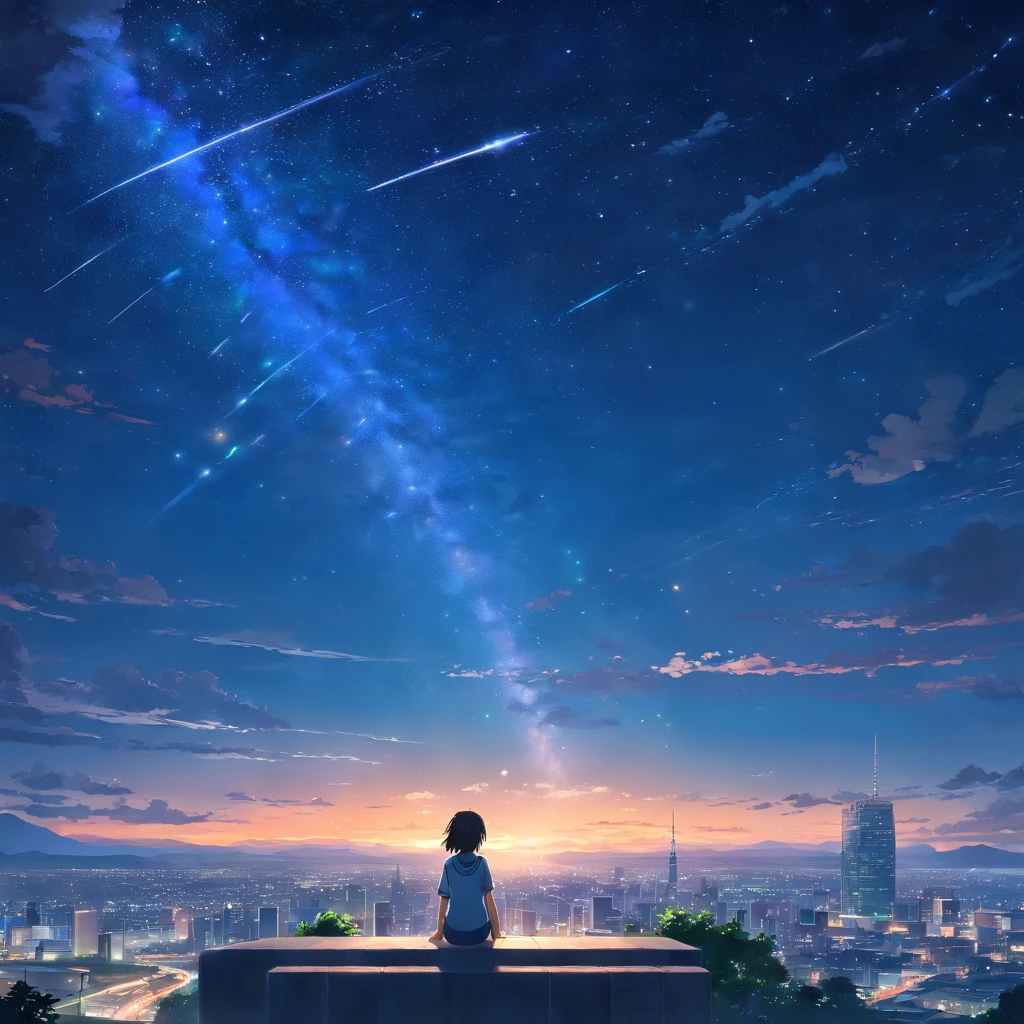 octane, sky, star (sky), landscape, starry sky, night, only , night sky, solo, outdoor, signature, building, clouds, milky way, sitting, tree, long hair, city, silhouette, cityscape