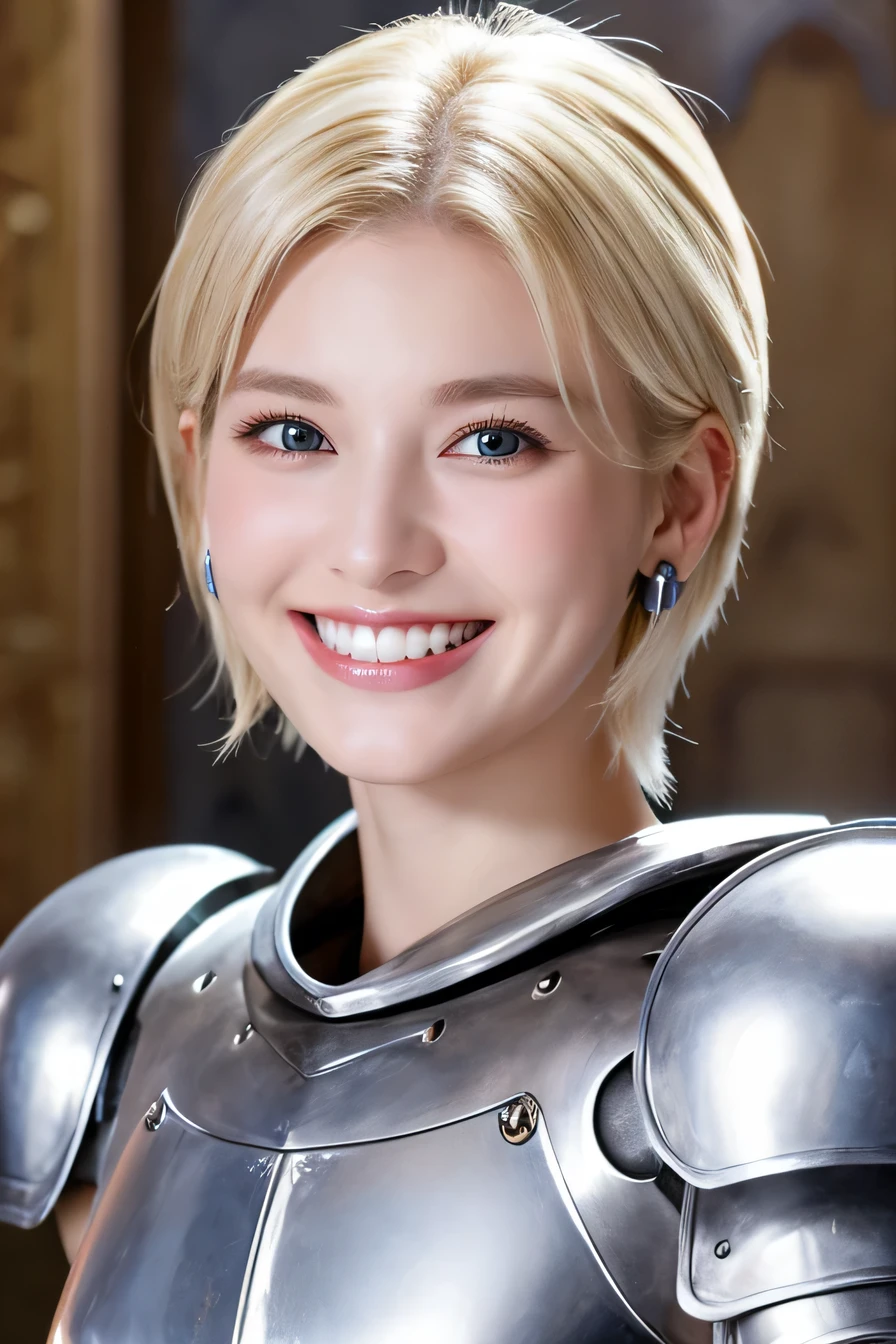 high quality、８ｋ、female knight、The background is a room in a castle.、Luxurious Silver Armor、smile、beautiful teeth、full body photo、hairstyle short cut、ear piercing、white woman、blonde hair、blue eyes、Gummy Smile、、heavy makeup、