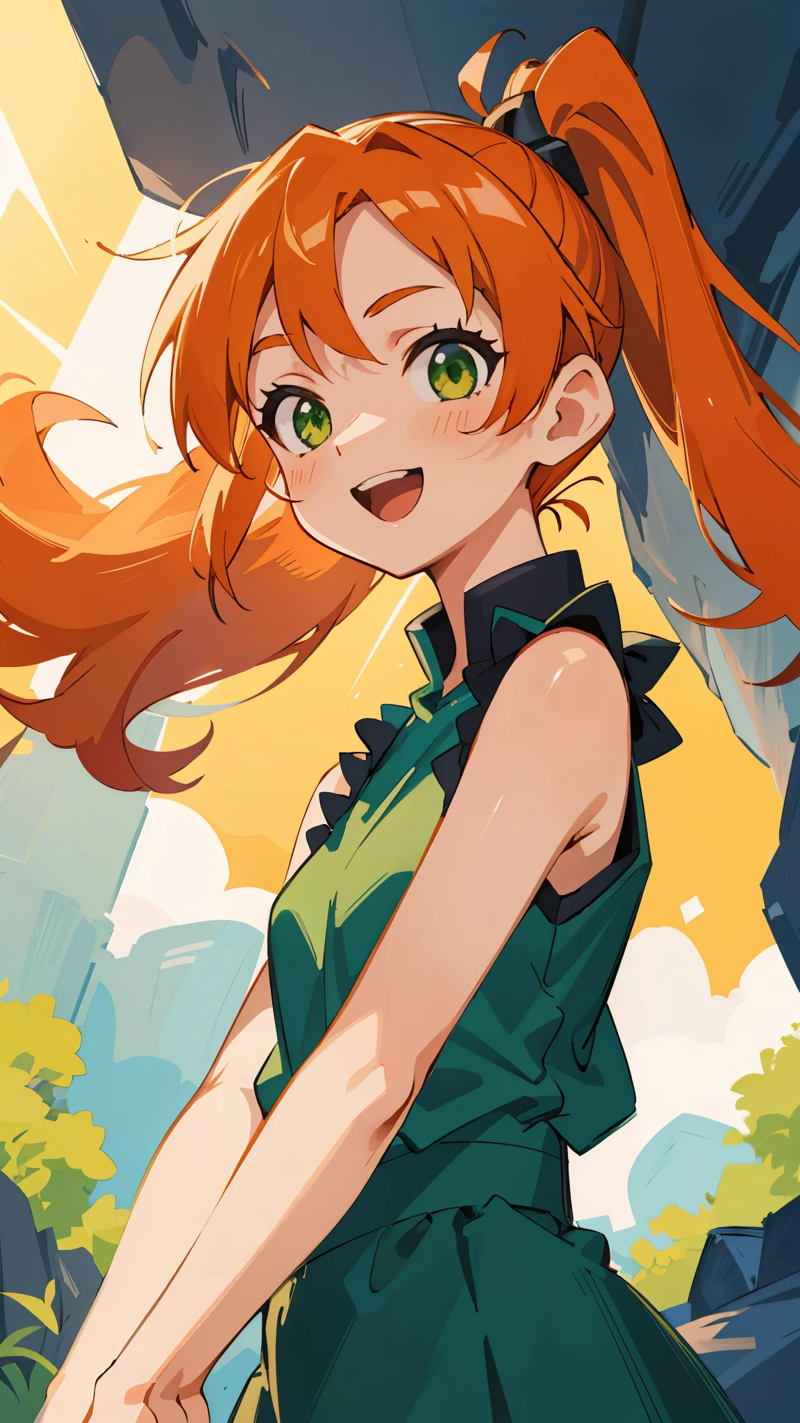 masterpiece、highest quality、1 girl、anime painting、orange hair、beautiful green eyes、side ponytail、sleeveless shirt、black skirt、upper body close-up、From the side、Open Mouth Smile、cinematic lighting、cave、sharp outline