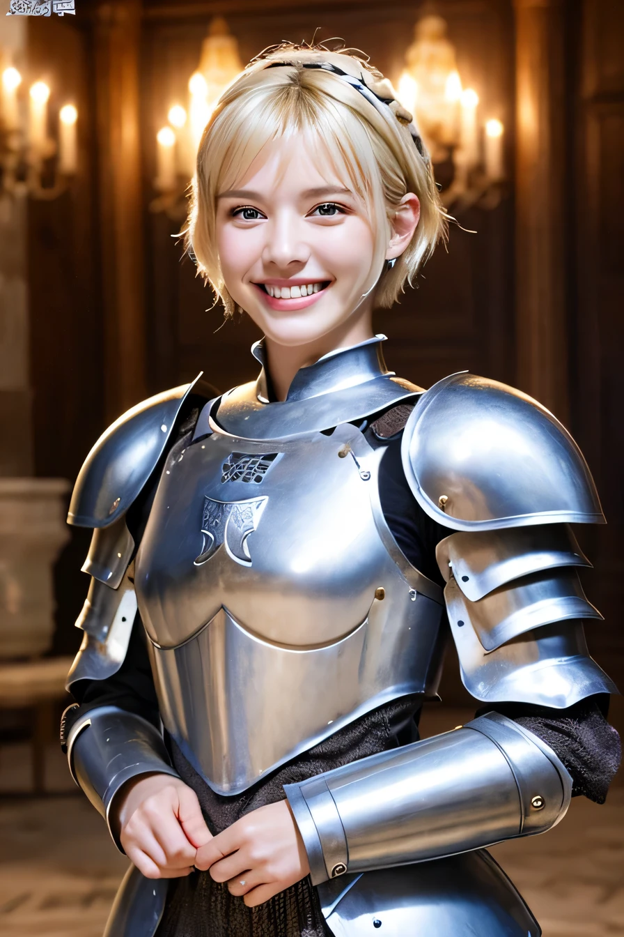 high quality、8k、female knight、The background is a room in a castle.、Luxurious Silver Armor、smile、beautiful teeth、full body photo、hairstyle short cut、ear piercing、white woman、blonde hair、blue eyes、Gummy Smile、、heavy makeup、