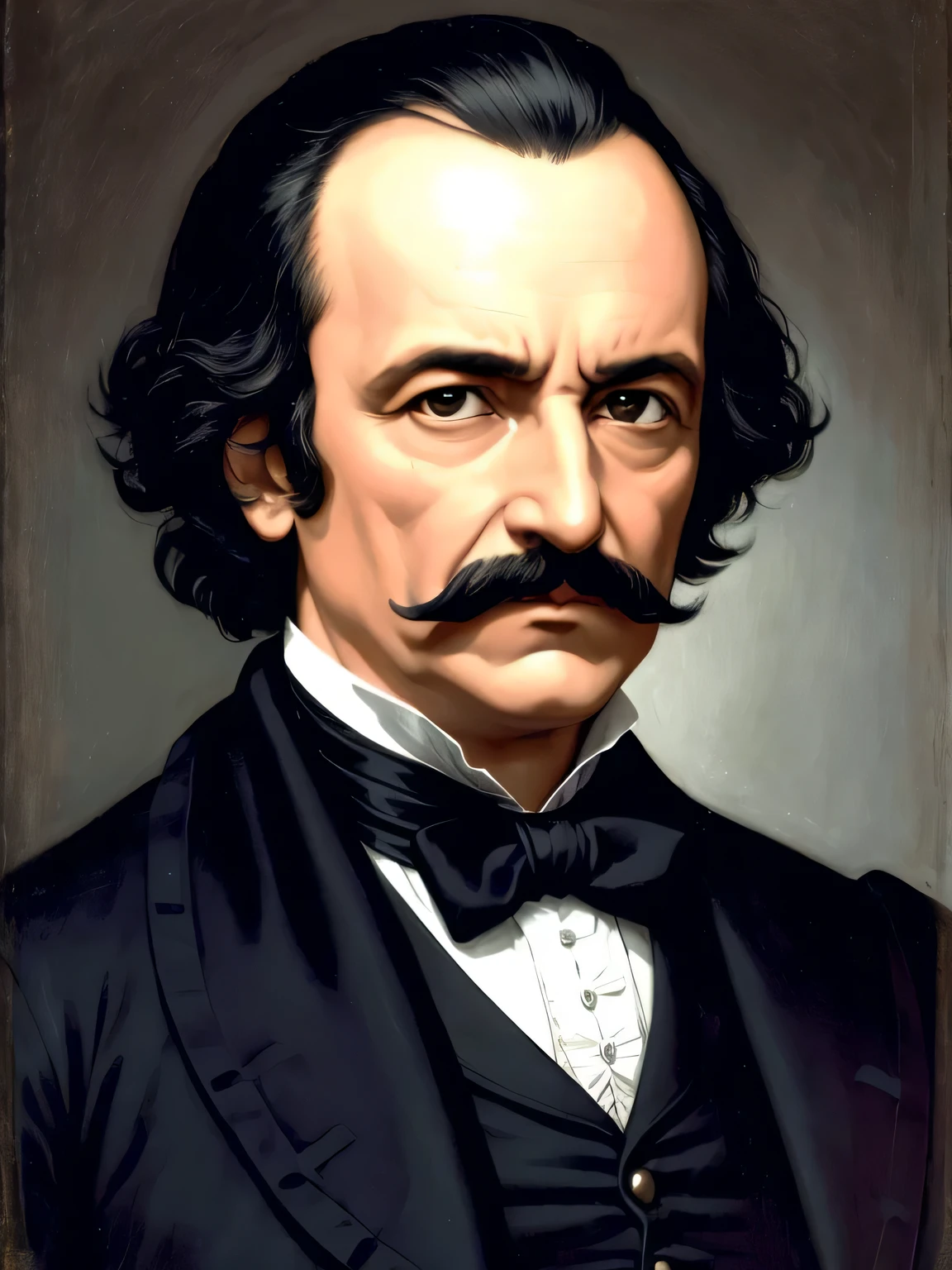 un plano medio largo, sin borde, mirando hacia la derecha, de un hombre con bigote y una chaqueta negra, edgar allan poe, Edgar Allan Poe como El cuervo, nadar, angel of poe, Machiavellian, foto de retrato, delaroche, shop 4k, una foto coloreada, imagen promocional, photo courtesy of the art museum, en, auduben, con barbilla puntiaguda, Rafael