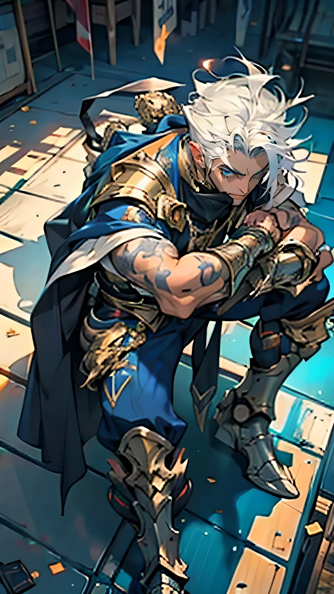 A man with short golden hair slicked back, his face entirely obscured by a Dynastinae concept mask, full mask, cold gaze, clad in an indigo blue fantasy-style Dynastinae concept chest plate, his arms and legs are clad in matching armor, he wears a white undershirt and trousers with golden stripes, standing within a magnificent fantasy-style palace, this character embodies a finely crafted fantasy-style masked light armor warrior in anime style, exquisite and mature manga art style, high definition, best quality, highres, ultra-detailed, ultra-fine painting, extremely delicate, professional, perfect body proportions, golden ratio, anatomically correct, symmetrical face, extremely detailed eyes and face, high quality eyes, creativity, RAW photo, UHD, 32k, Natural light, cinematic lighting, masterpiece-anatomy-perfect, masterpiece:1.5,sexy male underwear,strong legs,spread your legs,Show your armpits,Lie down,underwear,Bend your chest..,wet body,on the table,Show off your arm muscles.,top view,relax with cats,cat walking aroud