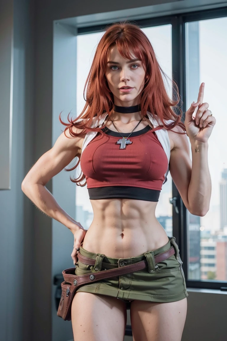 redhaired girl as a superheroine, straight redhaired, bangs, skirt,  super powerful, pink eyes, midriff, riding boots, white socks, toned arms, toned abs, tall and sexy, powerful, superb face, perfect body, tall, happy, smug, large chest, choker collar, 20yo, toned abs, evil smirk