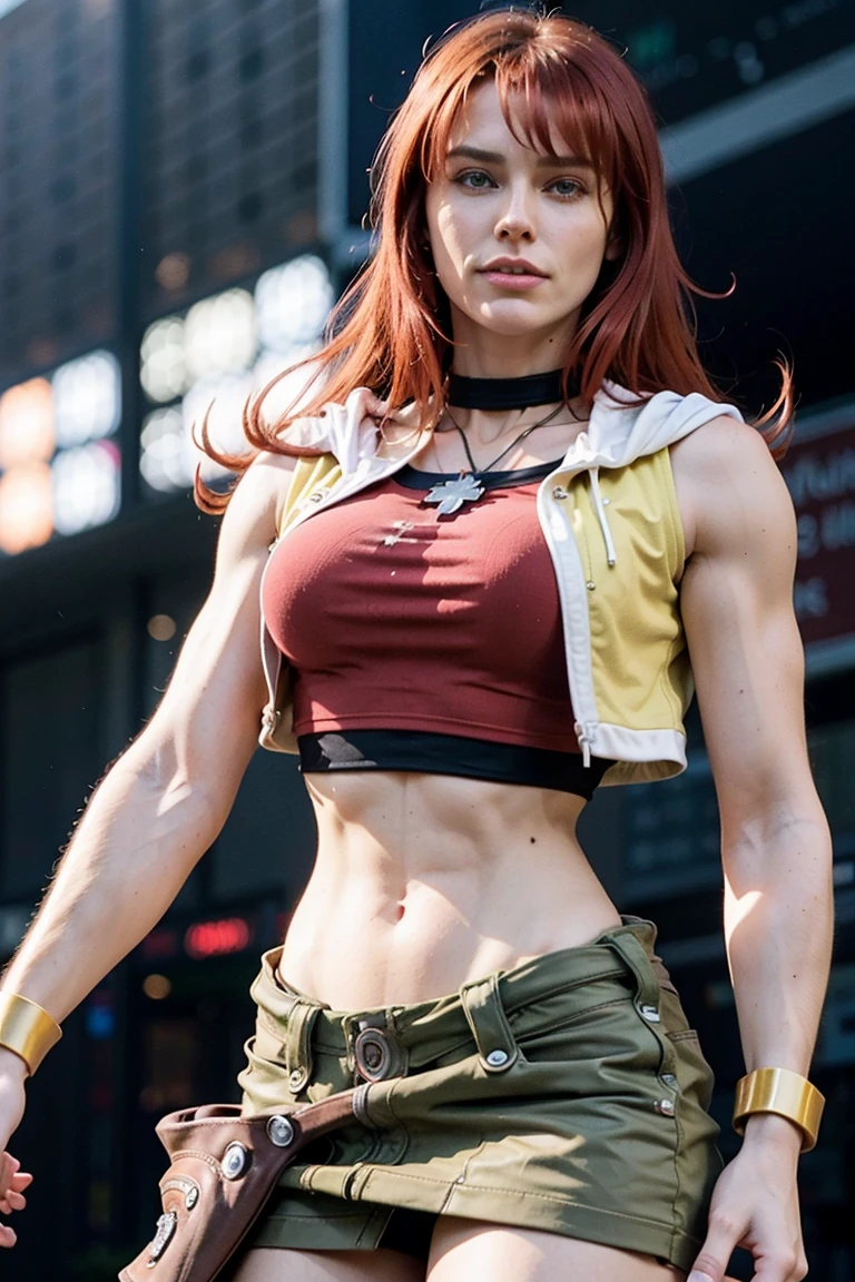 redhaired girl as a superheroine, straight redhaired, bangs, skirt,  super powerful, pink eyes, midriff, riding boots, white socks, toned arms, toned abs, tall and sexy, powerful, superb face, perfect body, tall, happy, smug, large chest, choker collar, 20yo, toned abs, evil smirk