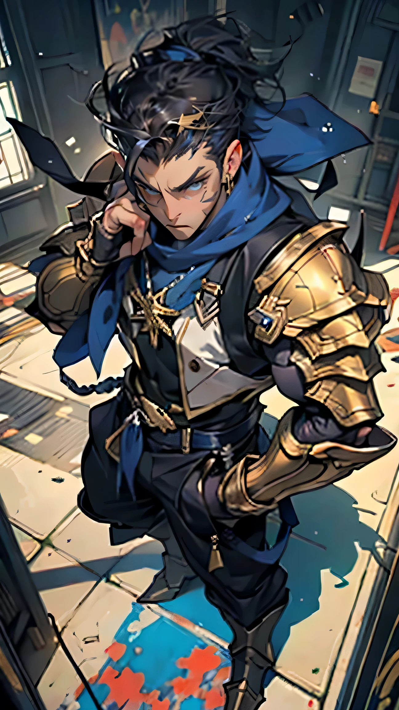 A man with short golden hair slicked back, his face entirely obscured by a Dynastinae concept mask, full mask, cold gaze, clad in an indigo blue fantasy-style Dynastinae concept chest plate, his arms and legs are clad in matching armor, he wears a white undershirt and trousers with golden stripes, standing within a magnificent fantasy-style palace, this character embodies a finely crafted fantasy-style masked light armor warrior in anime style, exquisite and mature manga art style, high definition, best quality, highres, ultra-detailed, ultra-fine painting, extremely delicate, professional, perfect body proportions, golden ratio, anatomically correct, symmetrical face, extremely detailed eyes and face, high quality eyes, creativity, RAW photo, UHD, 32k, Natural light, cinematic lighting, masterpiece-anatomy-perfect, masterpiece:1.5,sexy male underwear,strong legs,spread your legs,Show your armpits,Lie down,underwear,Bend your chest..,wet body,on the table,Show off your arm muscles.,top view,relax with cats,cat walking aroud