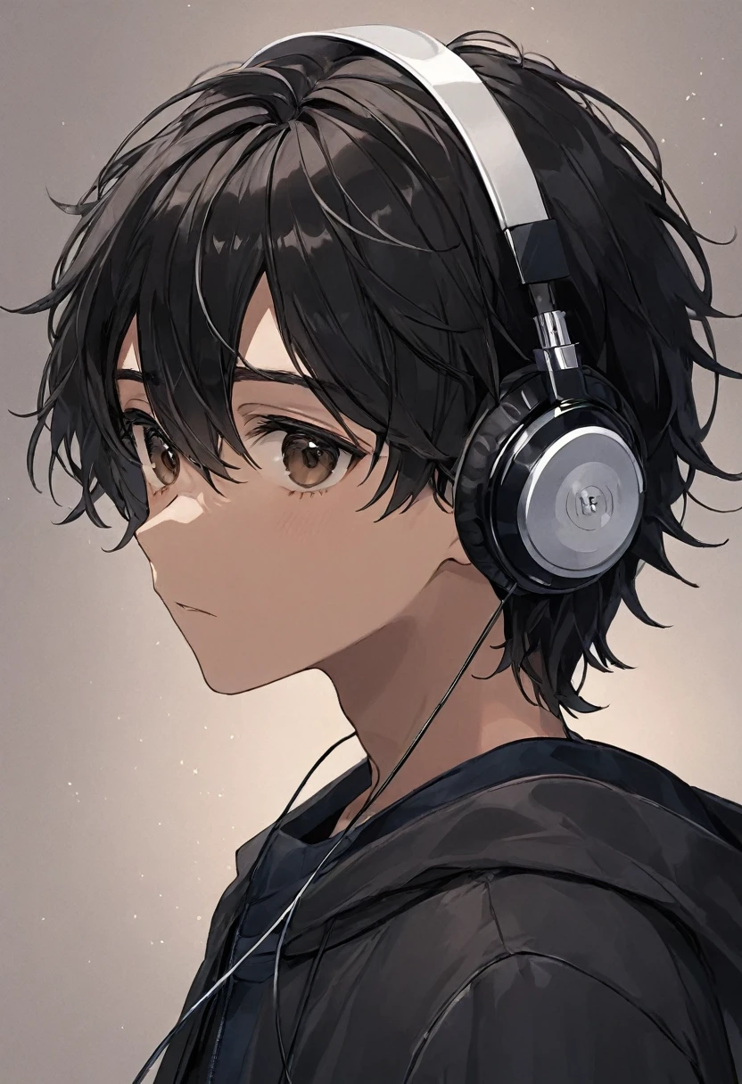 Dark brown eyed boy with black hair with music headphones 