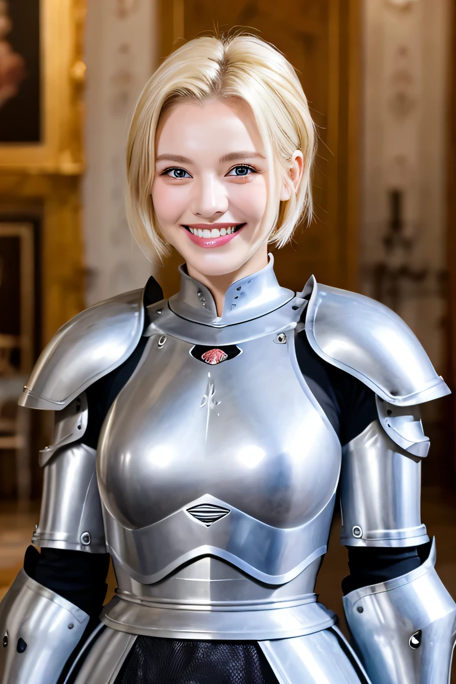 high quality、８ｋ、female knight、The background is a room in a castle.、Luxurious Silver Armor、smile、beautiful teeth、full body photo、hairstyle short cut、ear piercing、white woman、blonde hair、blue eyes、Gummy Smile、、heavy makeup、