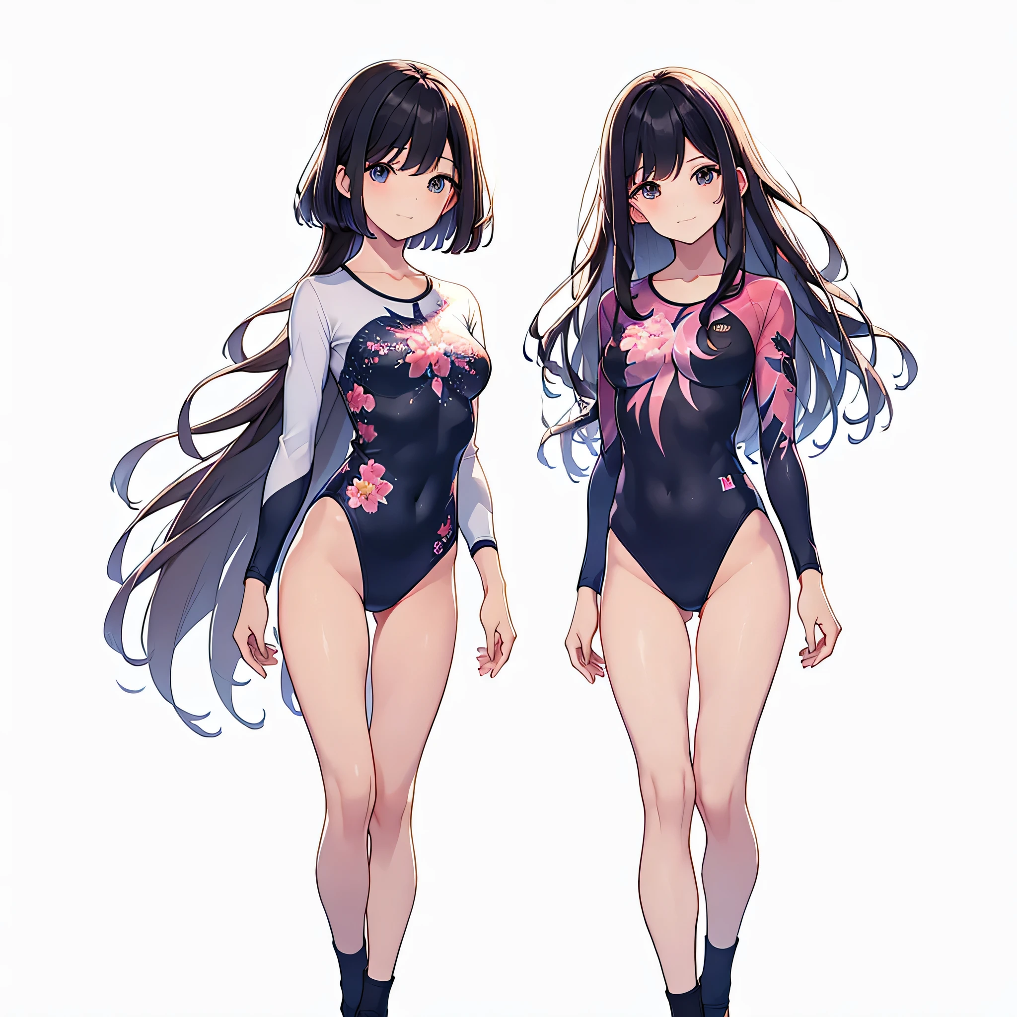 ((full body)),(masterpiece, best quality), (2 girls1.5) ,((Contrapposto:1.5)), looking at viewer, walking,((v_arms:1.2)), (wearing gymnastics_longsleeves_leotard_outfit leotard:1.3),(pink leotard) ,(floral print leotard:1.3),{{wearing gym suit:1.3 }}, BREAK masterpiece black hair, ((long hair:1.2)), ((parted bangs:1.3)), black eyes, good hand, ((small breasts)), (over 20 years old, under 25 years old:1.2), , spotlight, happy, smile, BREAK white background