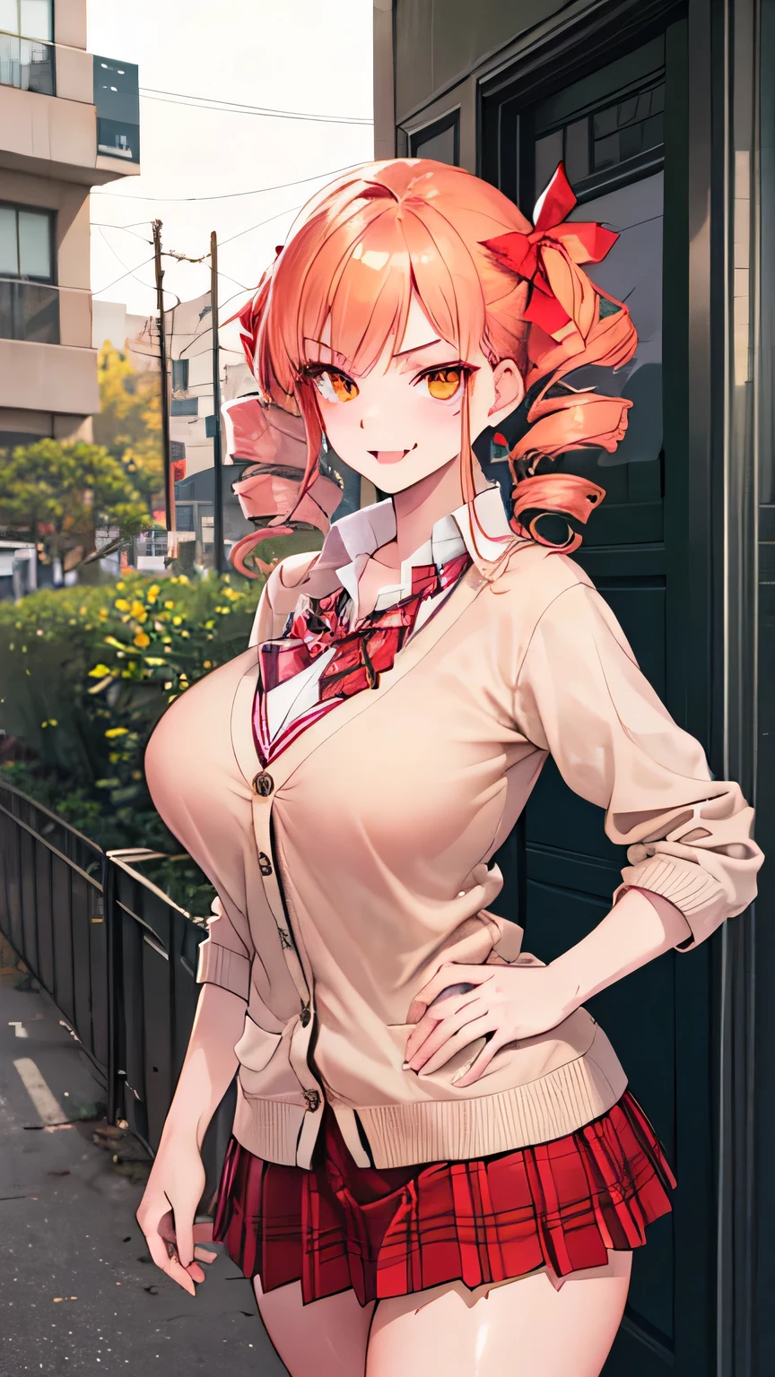 (masterpiece:1.2, top-quality), (realistic, photorealistic:1.4), beautiful illustration, looking at viewer, front view:0.6, 1 girl, high school girl, bangs, yorigami jo'on, double drill hairs, orange hair, orange eyes, large breasts:0.8, (thick thighs), beautiful hair, beautiful face, beautiful detailed eyes, beautiful clavicle, beautiful body, beautiful chest, beautiful thigh, beautiful legs, beautiful fingers, (beautiful scenery), sidewalk, ((pleated mini skirt, socks, red private school uniform:1.2, light pink cardigan, red plaid pleated skirt, red plaid bow tie, red plaid hair ribbon)), pink panties, (swollen), ((seductive posture: 1.2, attractiveness: 1.2)), (idle), (erotic, sexy, upper eyes, smile), shiny skin, perfect face, cute and symmetrical face, natural side lighting, movie lighting), walking, makeup, smile, fangs, v-shaped eyebrows, smug, skin fang, red lips, troll, cowboy shot