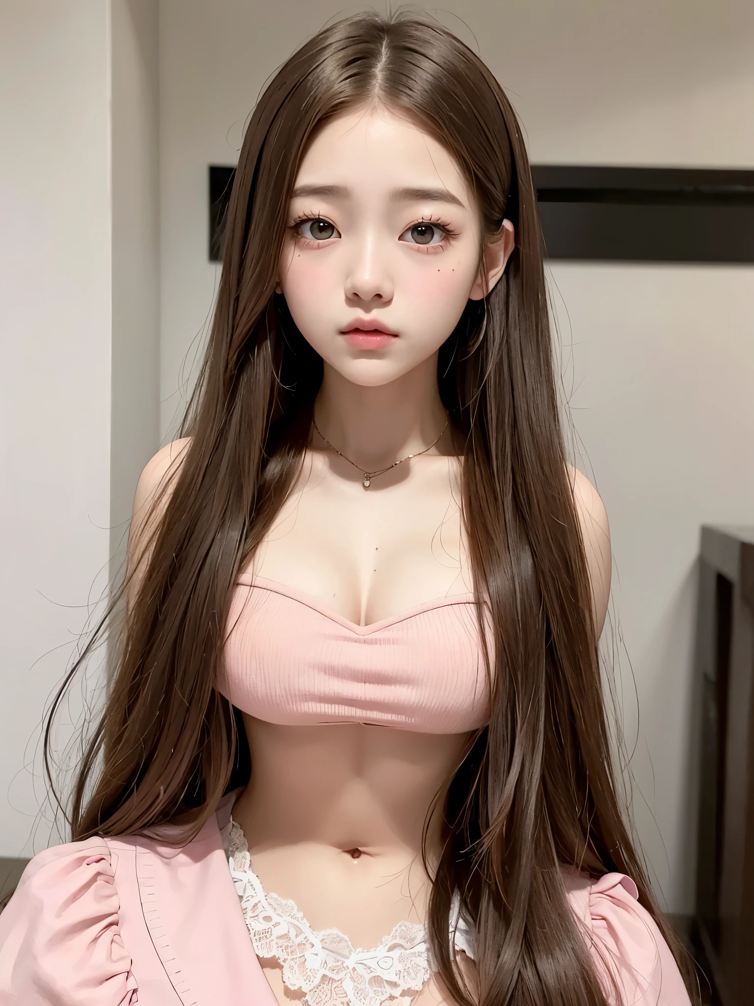 A 1 young girl with very light brown hair and pretty 20 years old, con cara de Wonyoung, Jang Wonyoung, doll eyes, estilo hiperfemenino y lindo, prendas rosadas. Chica japonesa, very tender asian girl with pale skin, ojos grandes, ojos de bambi, labios gruesos, ropa rosa, ella tiene el cabello muy largo, su rostro es bonito, se parece a Jang Wonyoung de ive, es Wonyoung, busto voluminoso, busto grande y notorio.